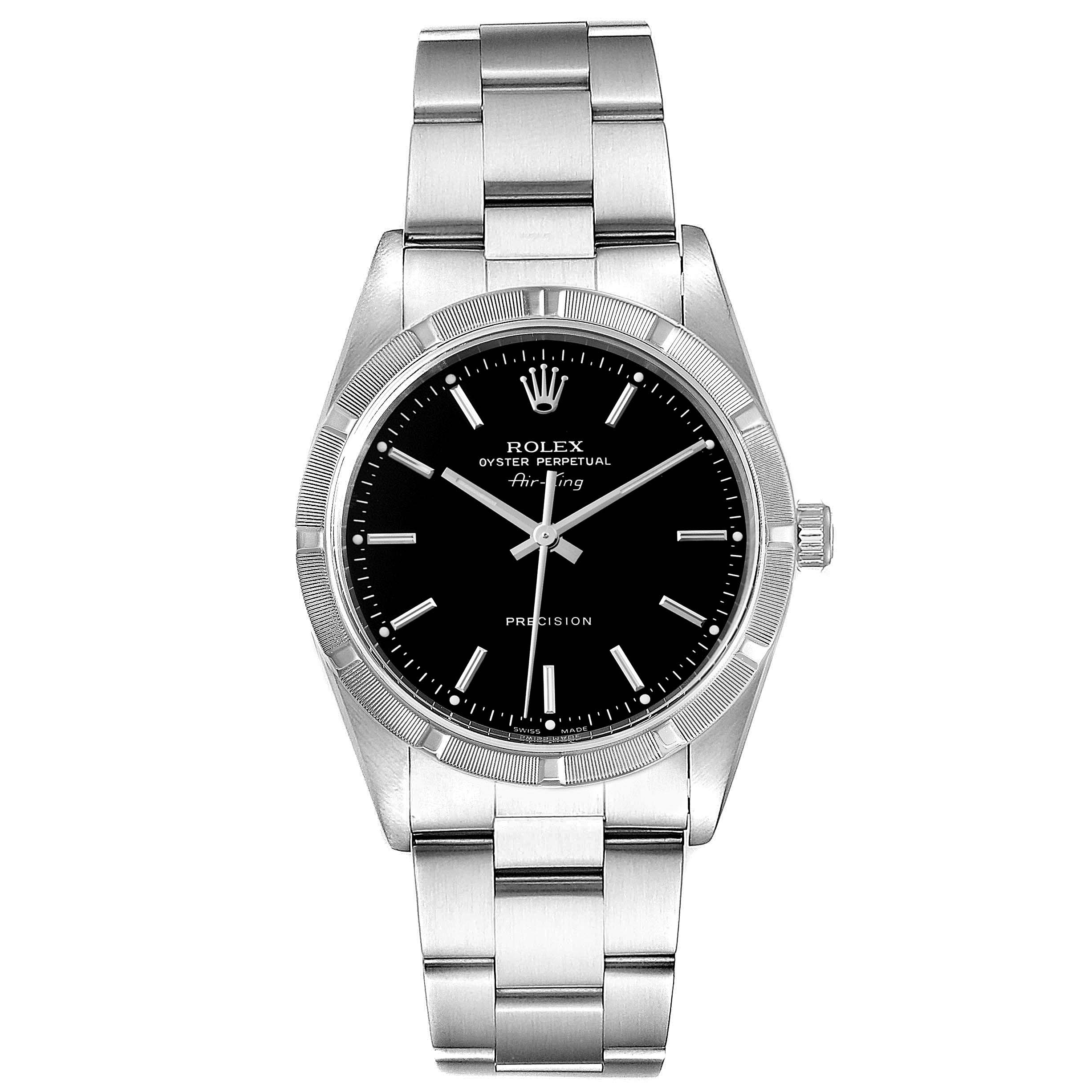 The image shows a front view of the Rolex Air-King 14010 Men's Stainless Steel Black Dial 14010 Men's Stainless Steel Black Dial watch, highlighting its black dial, silver band, and crown.