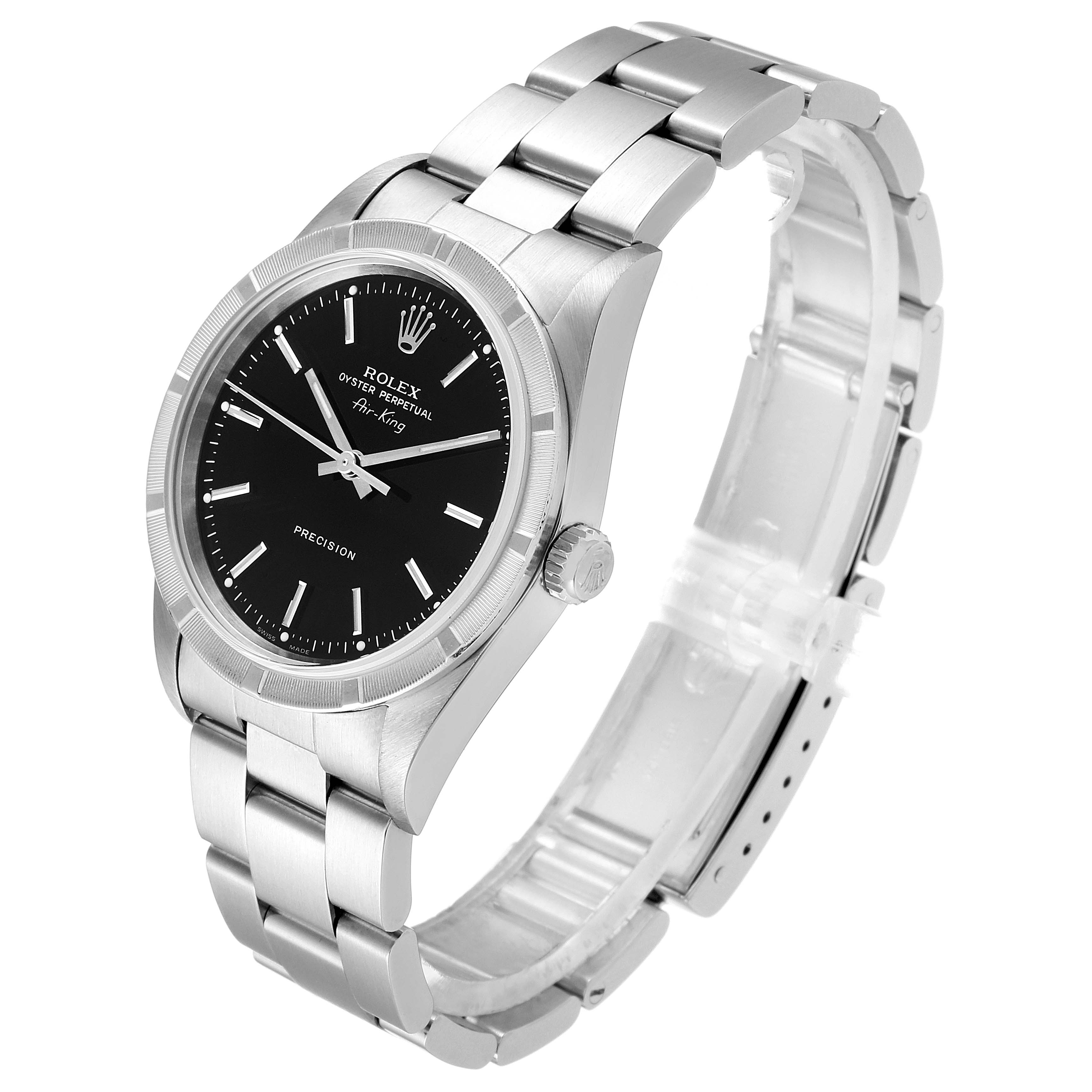 The image shows a Rolex Air-King 14010 Men's Stainless Steel Black Dial 14010 Men's Stainless Steel Black Dial watch at a three-quarter angle, highlighting the dial, bezel, bracelet, and crown.