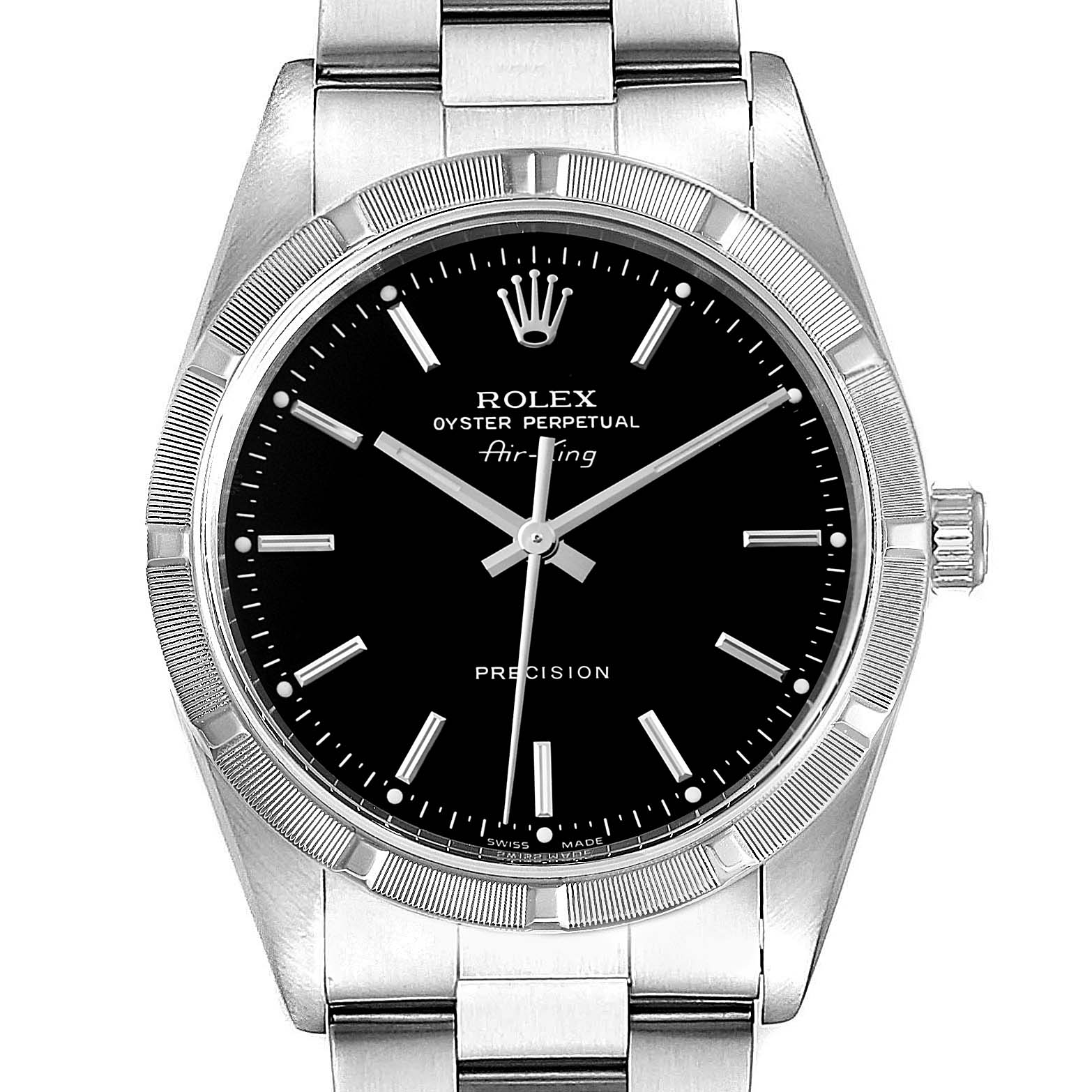 The Rolex Air-King 14010 Men's Stainless Steel Black Dial 14010 Men's Stainless Steel Black Dial watch is shown from a front angle, highlighting the black dial, silver bracelet, and fluted bezel.