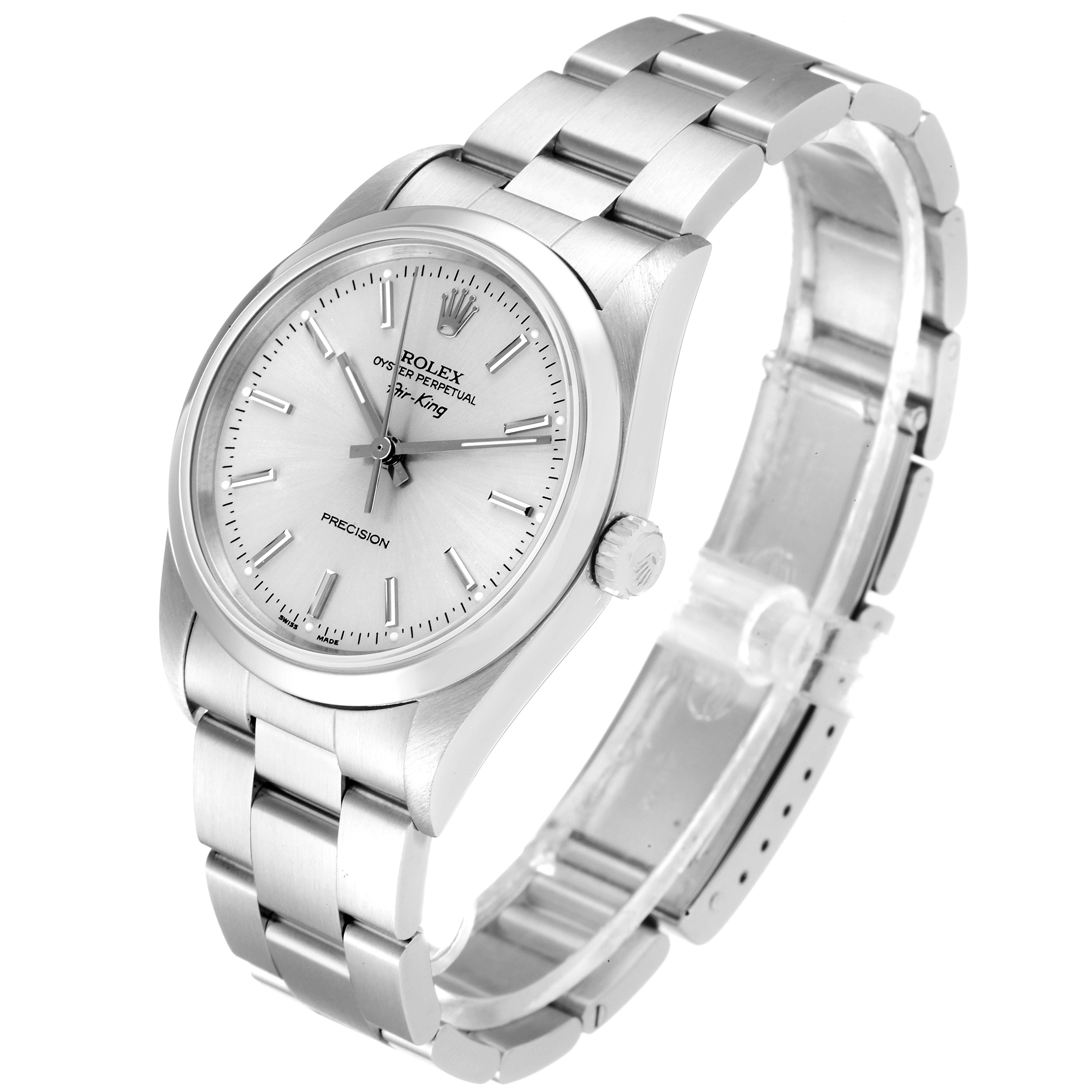 The Rolex Air-King 14000 Men's Stainless Steel Silver Dial 14000 Men's Stainless Steel Silver Dial watch is shown at a slight angle, highlighting the face, crown, and bracelet.