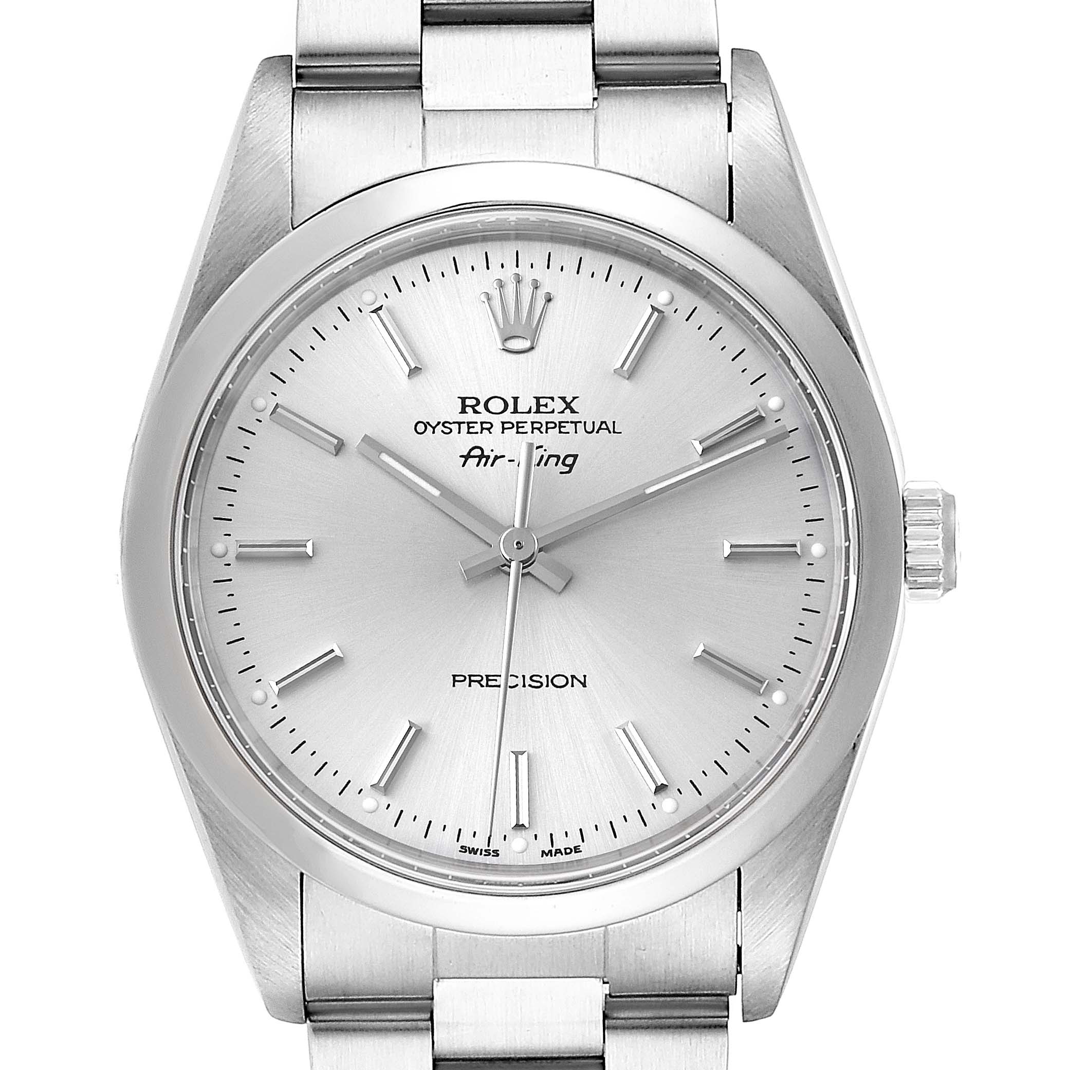 The Rolex Air-King 14000 Men's Stainless Steel Silver Dial 14000 Men's Stainless Steel Silver Dial watch is shown from the front, displaying its silver dial, hands, crown, and part of the metal band.