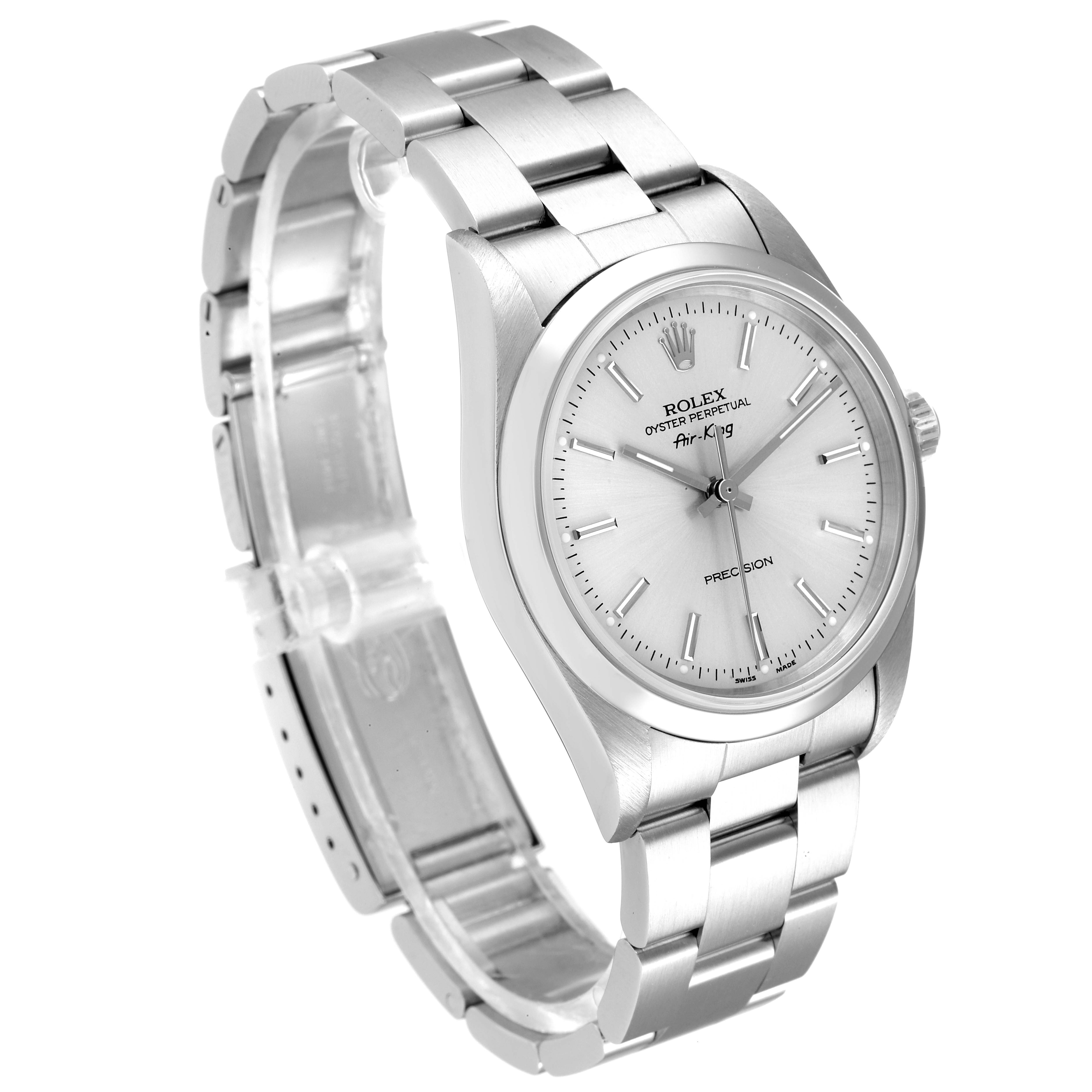 The image shows a Rolex Air-King 14000 Men's Stainless Steel Silver Dial 14000 Men's Stainless Steel Silver Dial watch at an angled view highlighting its face, dial, and bracelet.