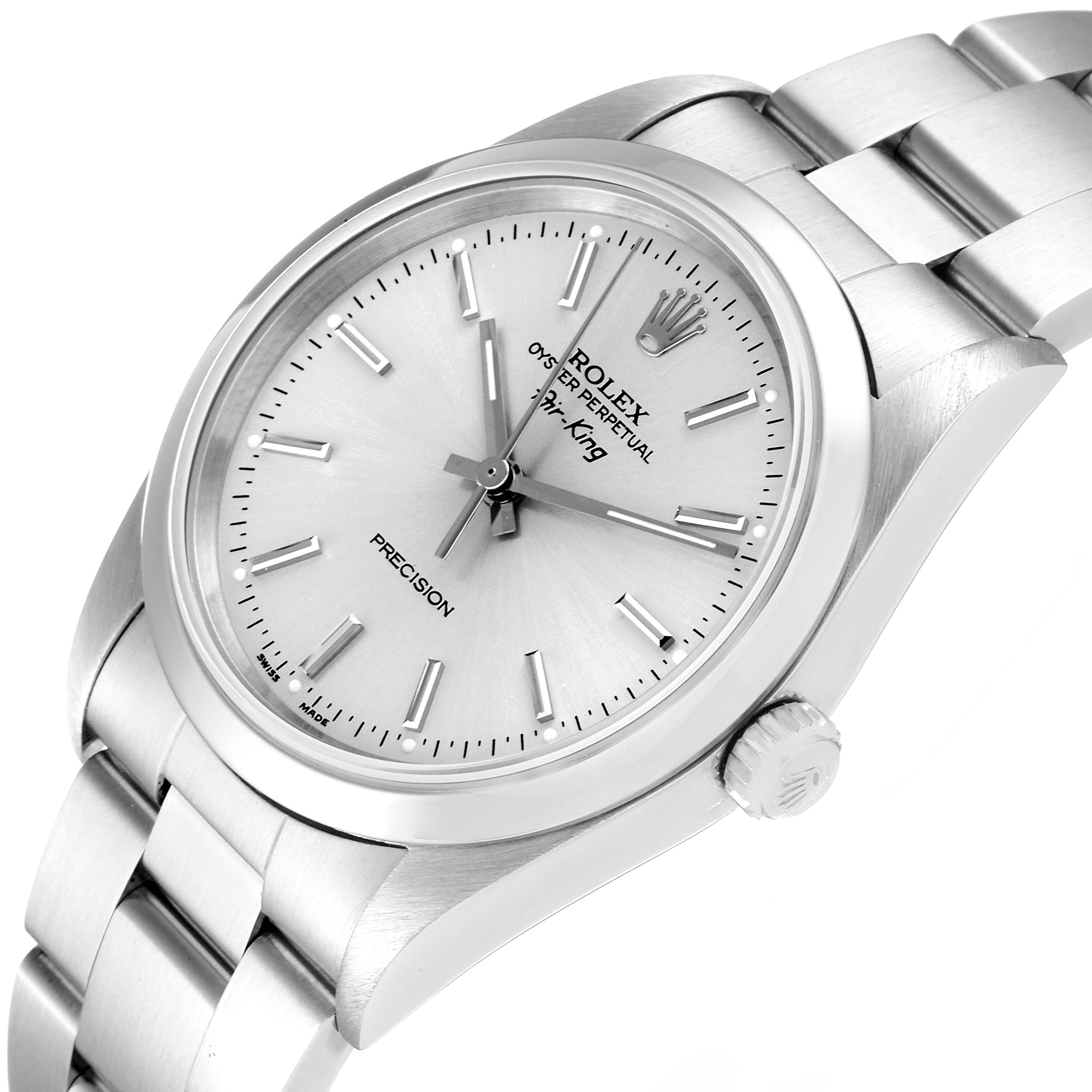 The image shows a close-up angle of the Rolex Air-King 14000 Men's Stainless Steel Silver Dial 14000 Men's Stainless Steel Silver Dial watch face, crown, and part of the bracelet.
