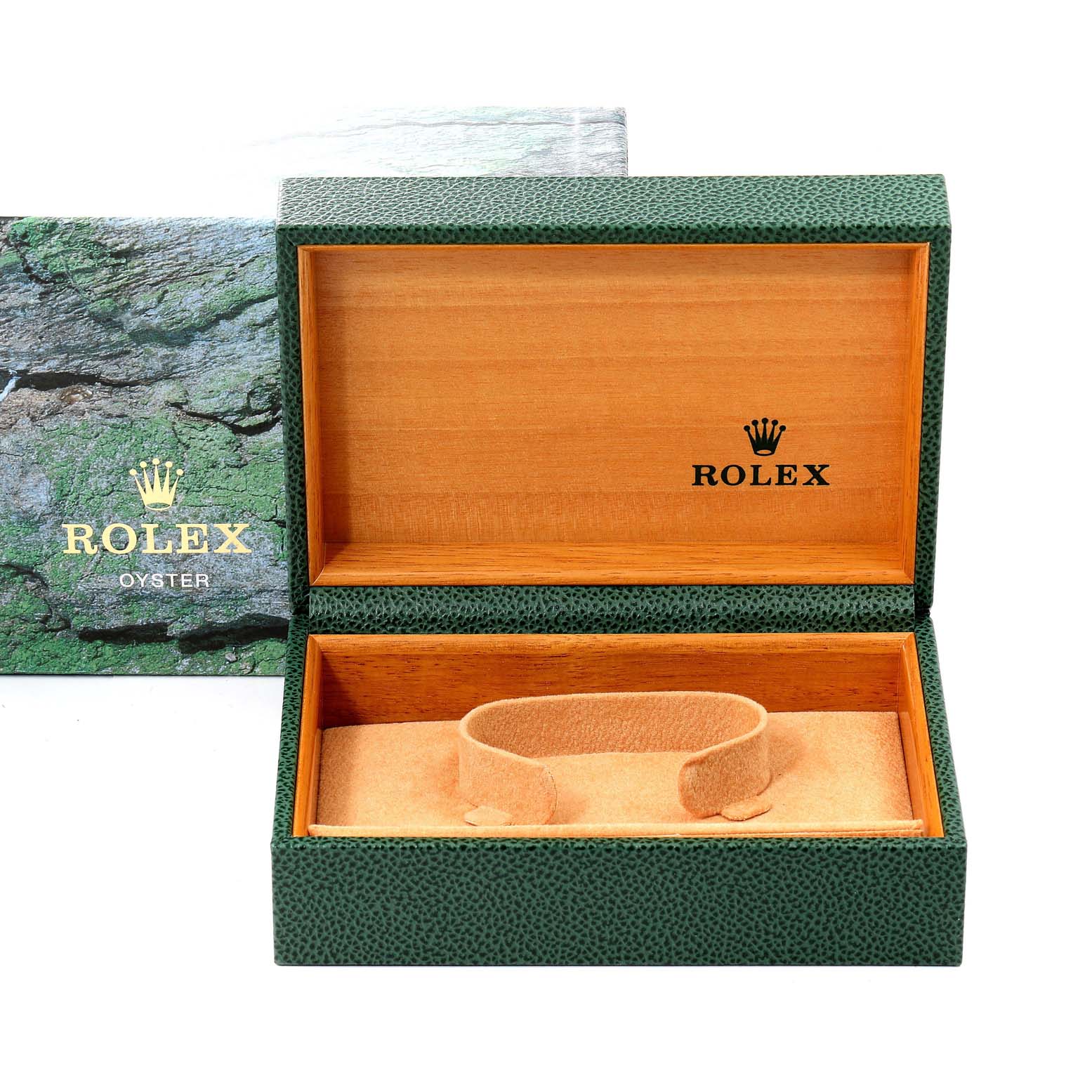 The image shows an empty Rolex Air-King 14000 Men's Stainless Steel Silver Dial 14000 Men's Stainless Steel Silver Dial watch box with an open lid and a green and wooden interior.