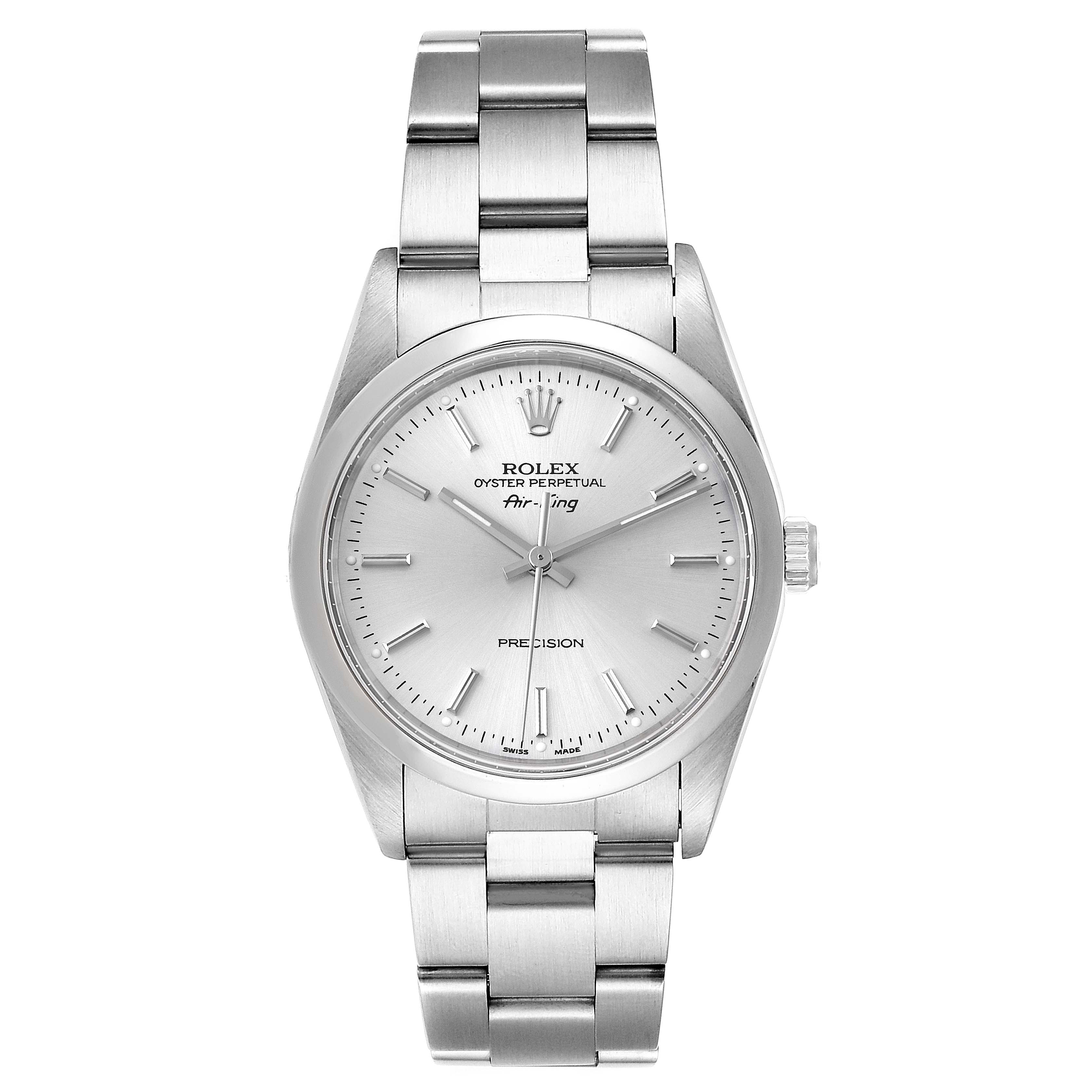 This image shows a front view of the Rolex Air-King 14000 Men's Stainless Steel Silver Dial 14000 Men's Stainless Steel Silver Dial watch, displaying its face, dial, and metal bracelet.
