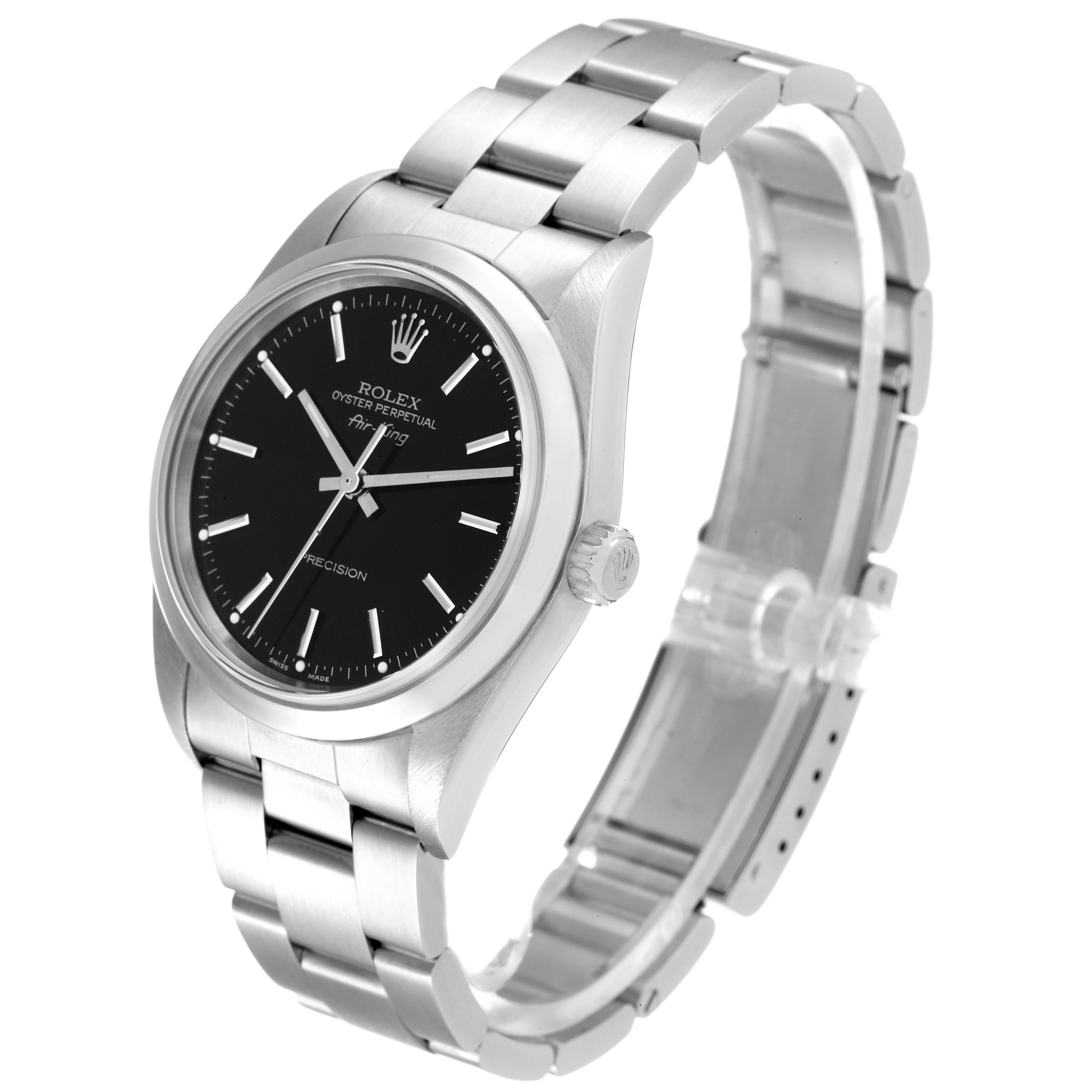 The Rolex Air-King 14000M Men's Stainless Steel Black Dial 14000M Men's Stainless Steel Black Dial watch is shown at a 3/4 angle, displaying the dial, crown, and bracelet.