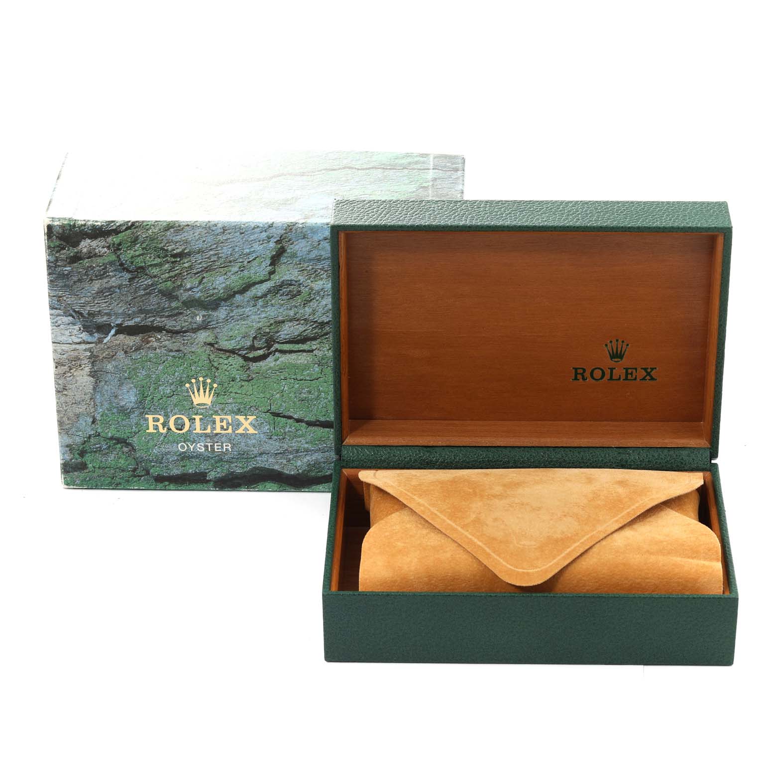 The image shows the packaging box and a tan suede pouch for the Rolex Air-King 14000M Men's Stainless Steel Black Dial 14000M Men's Stainless Steel Black Dial.