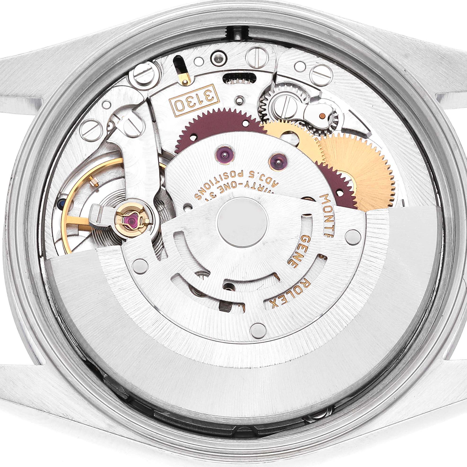 The image shows the inner mechanical components of a Rolex Air-King 14000M Men's Stainless Steel Black Dial 14000M Men's Stainless Steel Black Dial watch from a top-down angle.