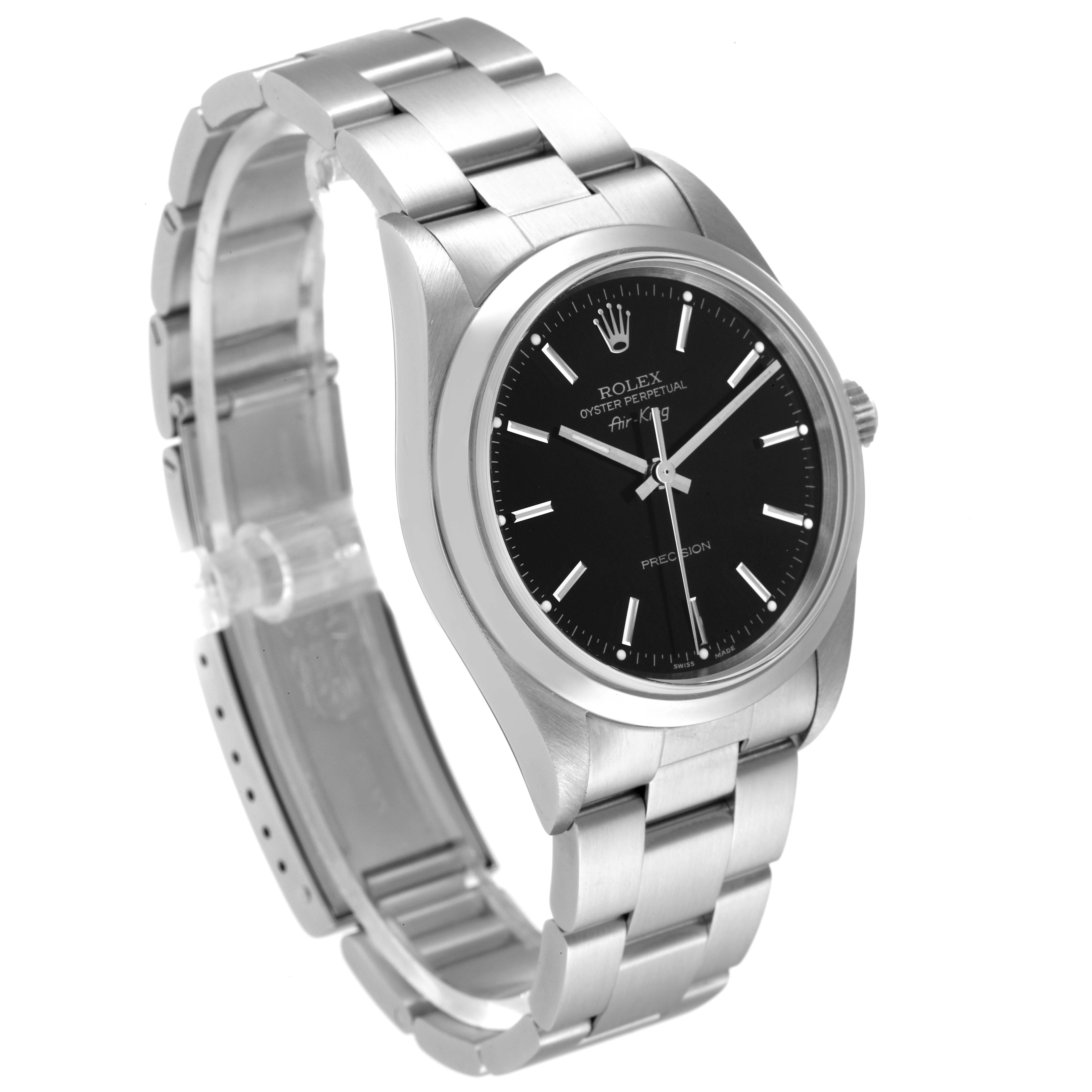 The image shows a Rolex Air-King 14000M Men's Stainless Steel Black Dial 14000M Men's Stainless Steel Black Dial watch angled from the front-left, highlighting the dial, bezel, crown, and metal bracelet.