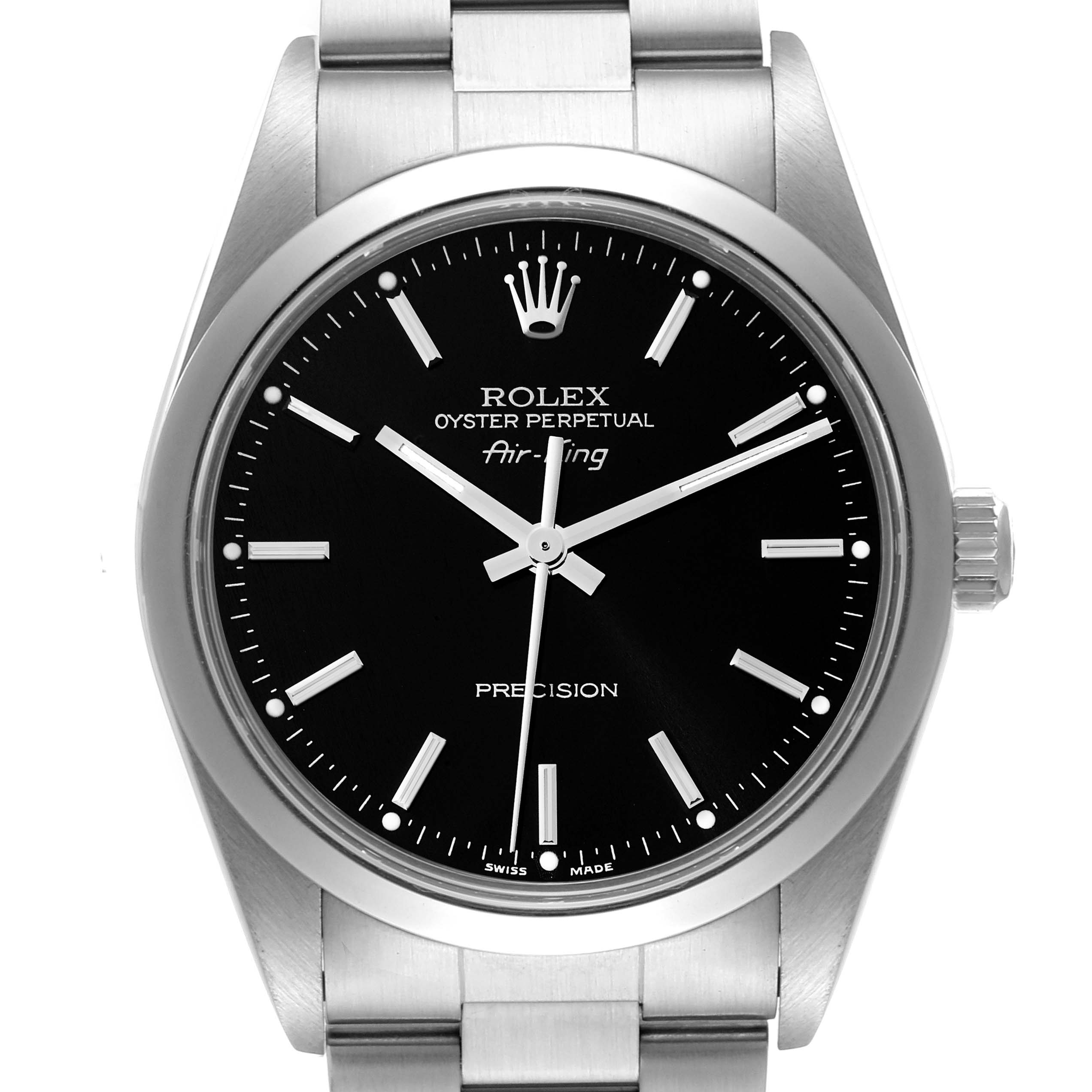 The image shows a close-up front view of a Rolex Air-King 14000M Men's Stainless Steel Black Dial 14000M Men's Stainless Steel Black Dial watch, highlighting its black dial, hands, and bracelet.