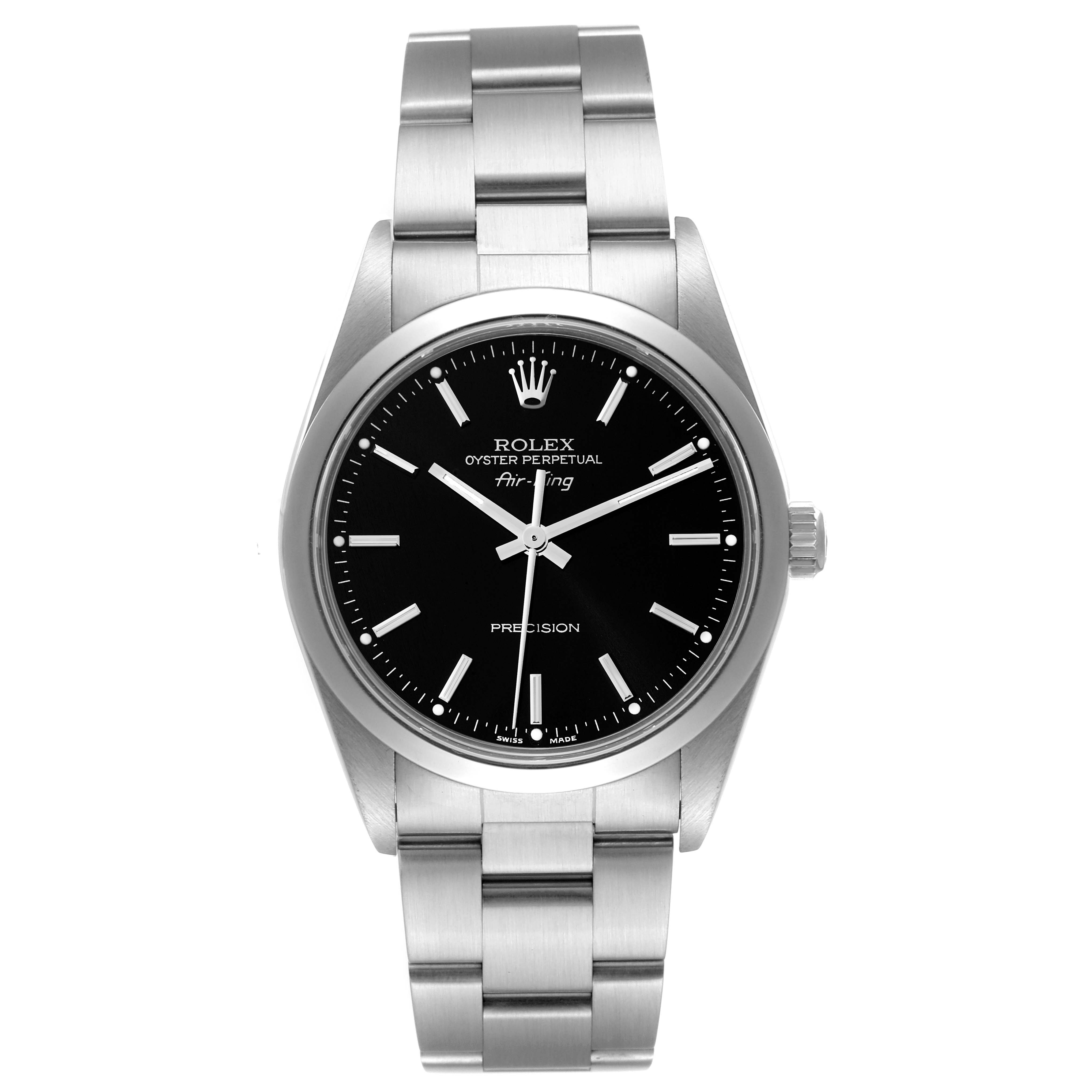 This Rolex Air-King 14000M Men's Stainless Steel Black Dial 14000M Men's Stainless Steel Black Dial watch is shown from a front angle, displaying its dial, bezel, crown, and bracelet.