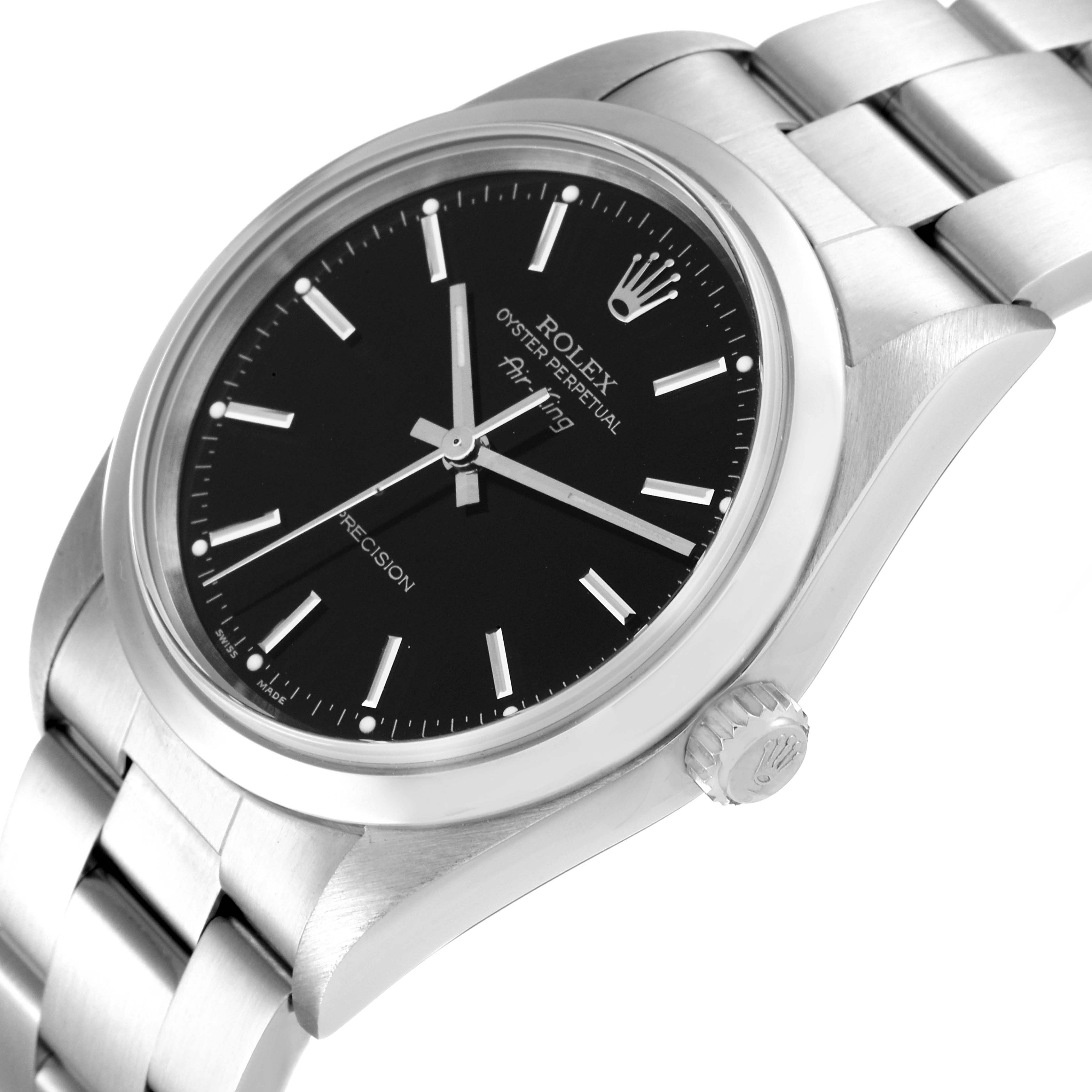 The image shows a Rolex Air-King 14000M Men's Stainless Steel Black Dial 14000M Men's Stainless Steel Black Dial watch at an angled view, displaying the black dial, silver indices, bezel, crown, and part of the bracelet.