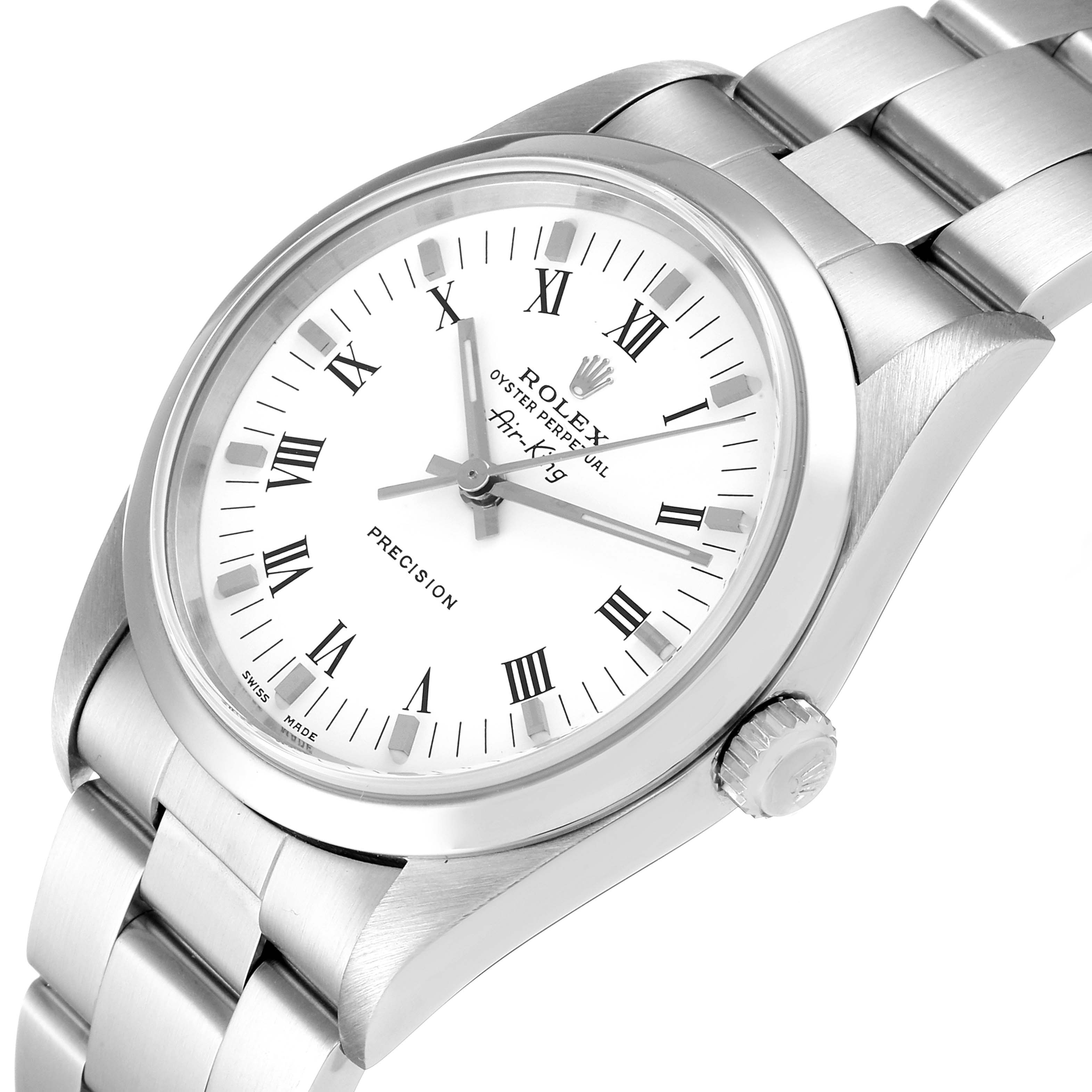 The image shows a Rolex Air-King 14000 Men's Stainless Steel White Dial 14000 Men's Stainless Steel White Dial watch at an angled view, highlighting the dial, hands, crown, and part of the bracelet.