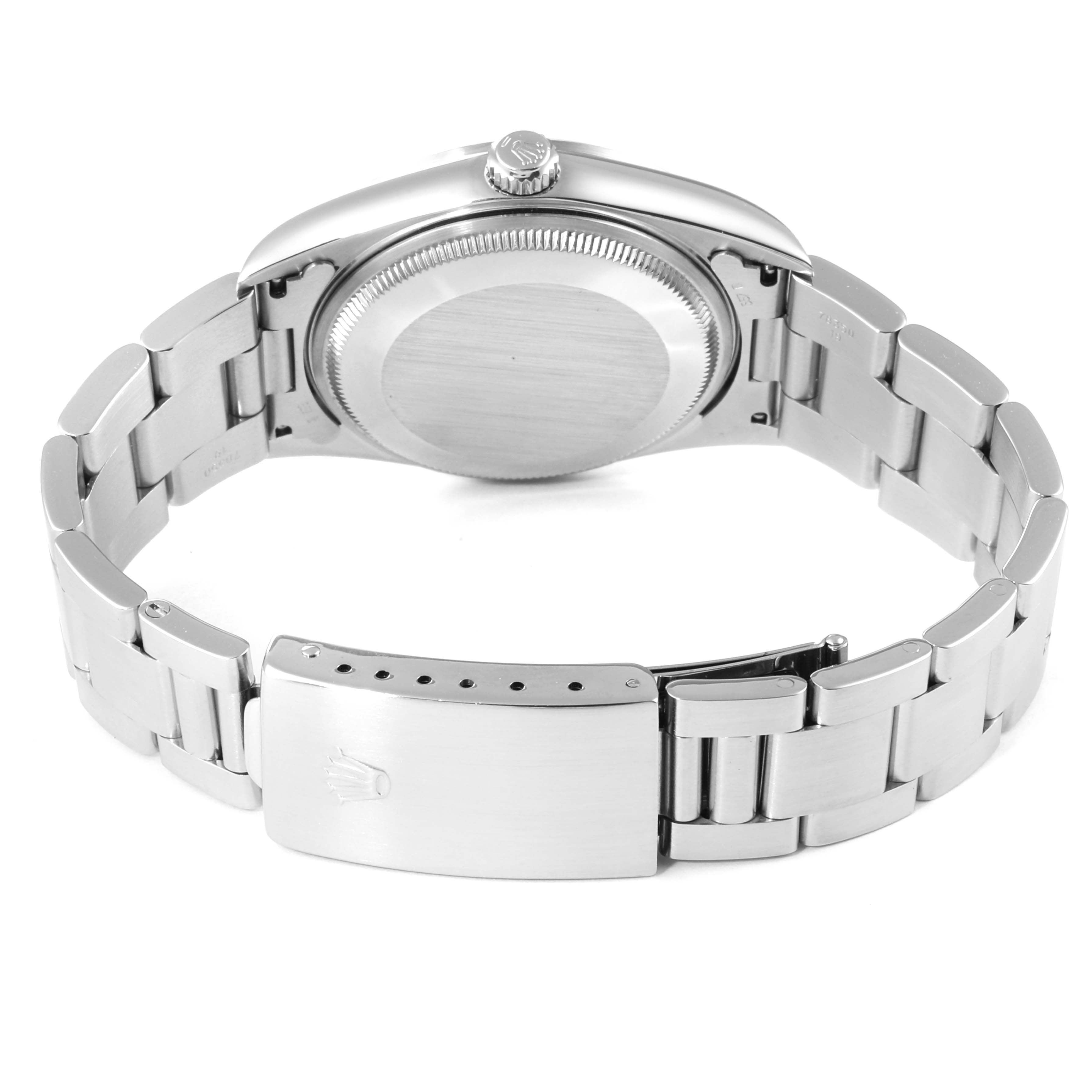 The image shows the back view of a Rolex Air-King 14000 Men's Stainless Steel White Dial 14000 Men's Stainless Steel White Dial watch, highlighting its case back, crown, and bracelet with clasp.
