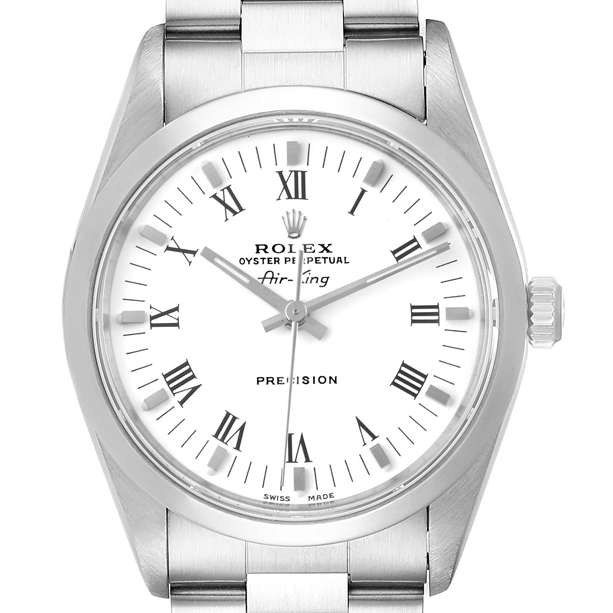 The image shows a front view of the Rolex Air-King 14000 Men's Stainless Steel White Dial 14000 Men's Stainless Steel White Dial watch, highlighting its face, Roman numerals, and part of the metal bracelet.