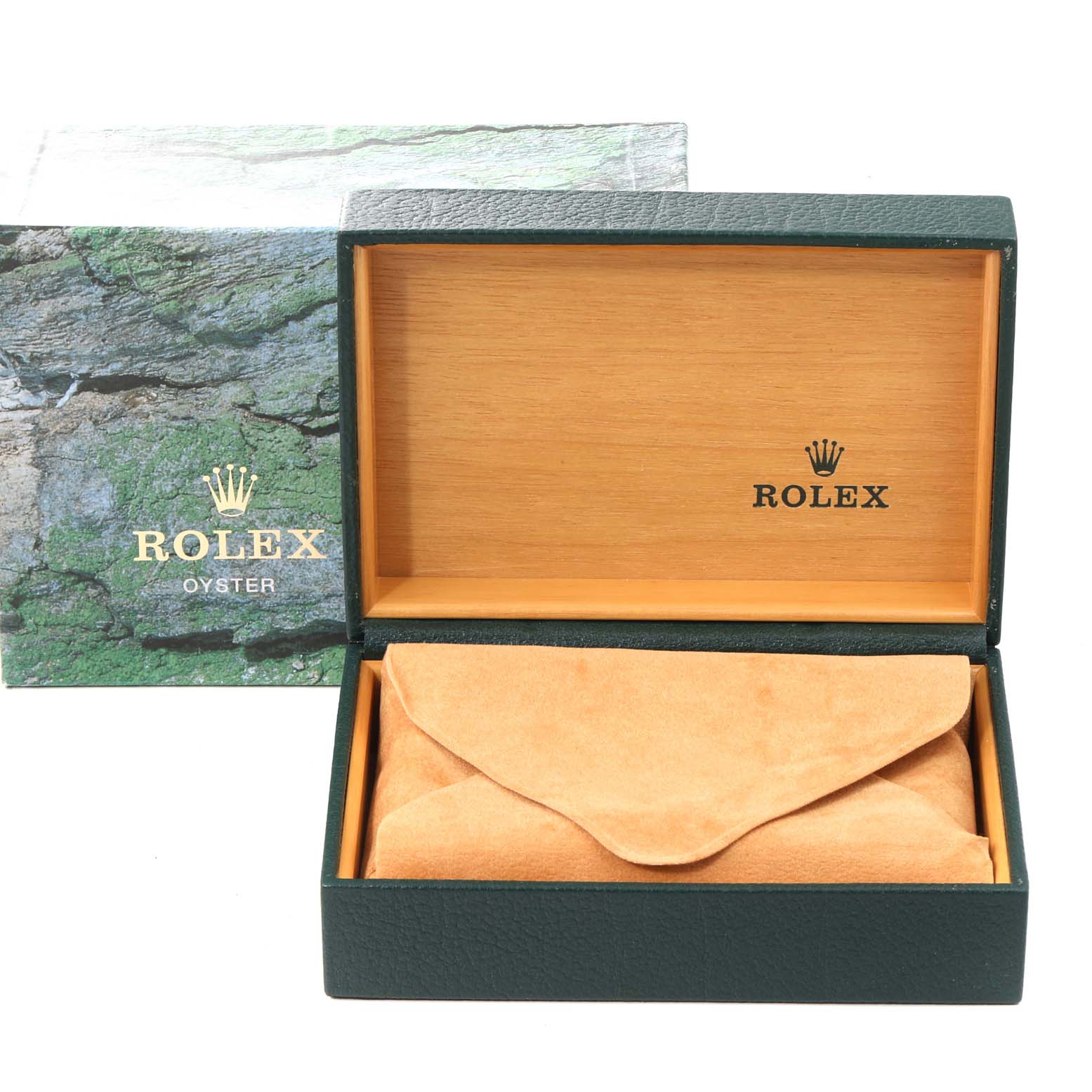 The image shows a Rolex Air-King 14000 Men's Stainless Steel White Dial 14000 Men's Stainless Steel White Dial watch box and cushion, with the box lid open, revealing the interior.