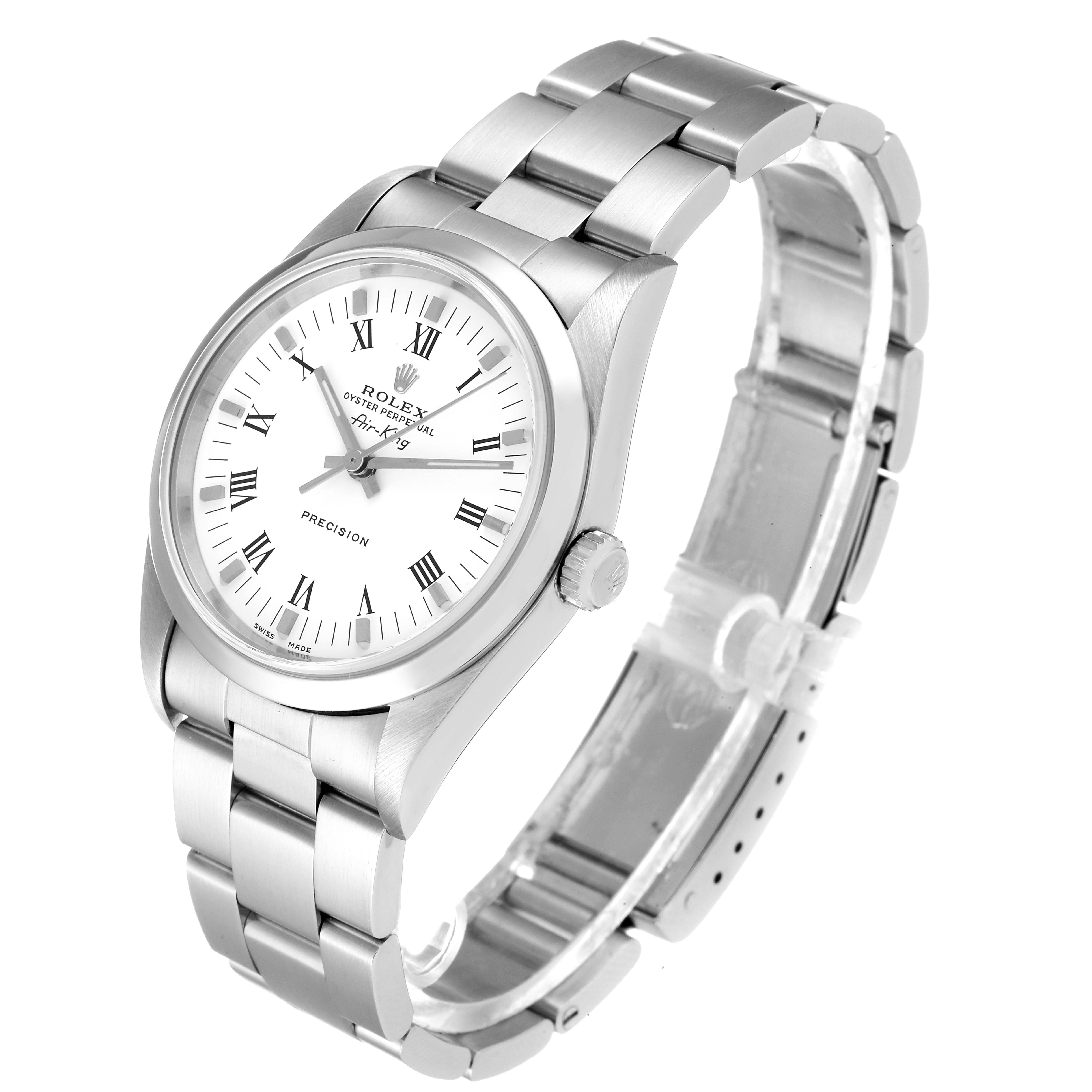 The Rolex Air-King 14000 Men's Stainless Steel White Dial 14000 Men's Stainless Steel White Dial watch is shown at an angle, displaying the face, bezel, crown, and bracelet.