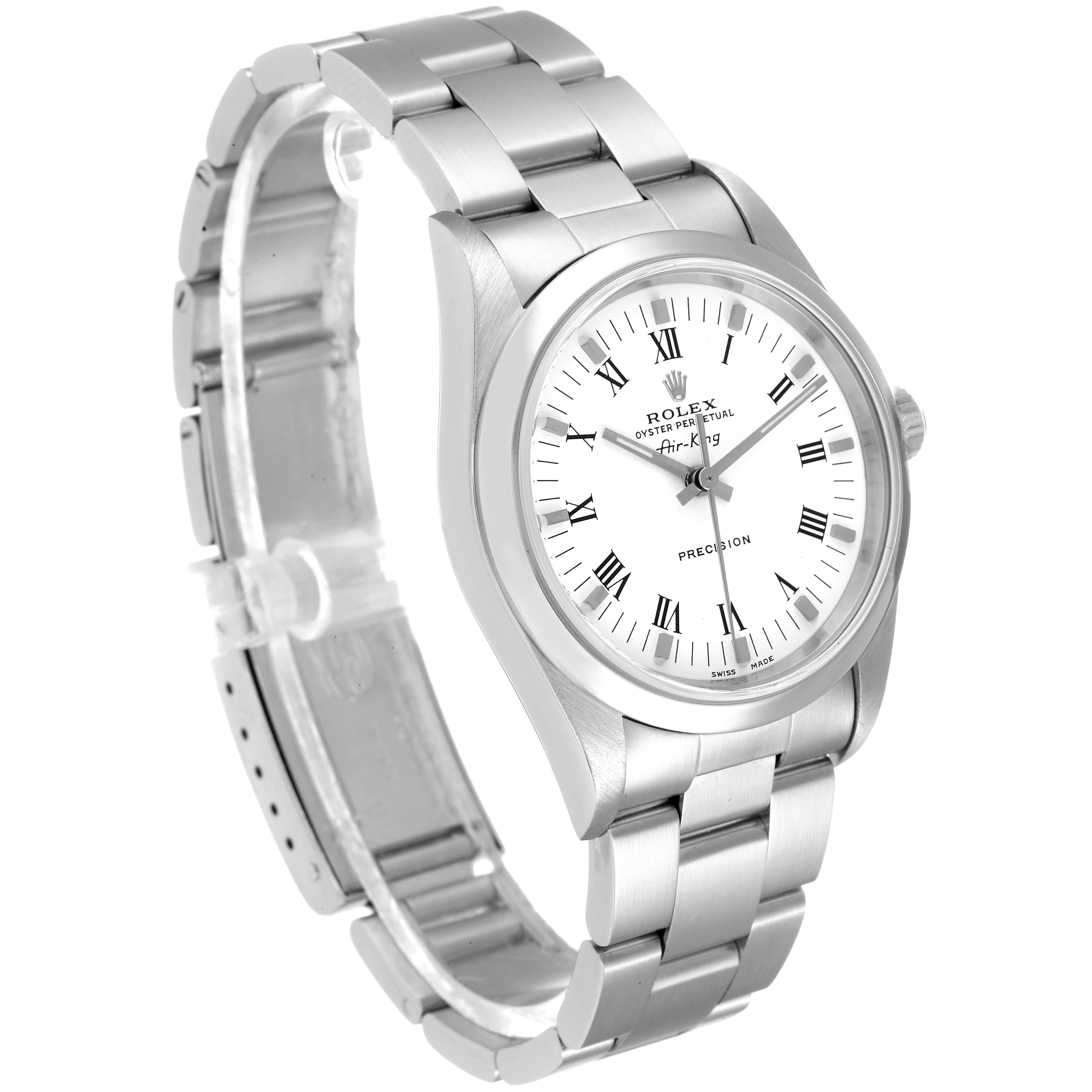 The Rolex Air-King 14000 Men's Stainless Steel White Dial 14000 Men's Stainless Steel White Dial watch is shown at a slight angle, displaying the face, bezel, crown, and a part of the bracelet.