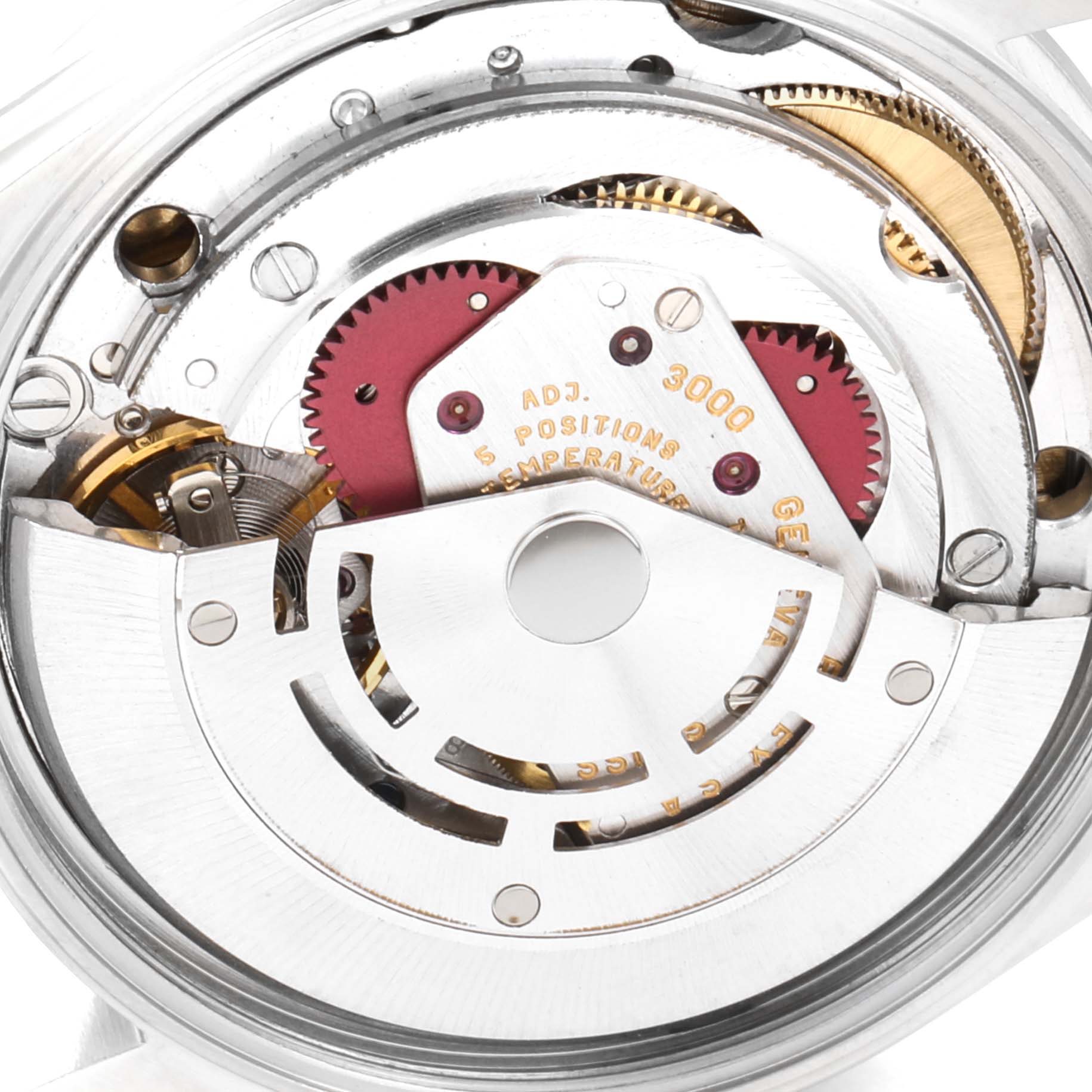 This image shows a close-up of the internal mechanical movement of a Rolex Air-King 14000 Men's Stainless Steel White Dial 14000 Men's Stainless Steel White Dial watch.