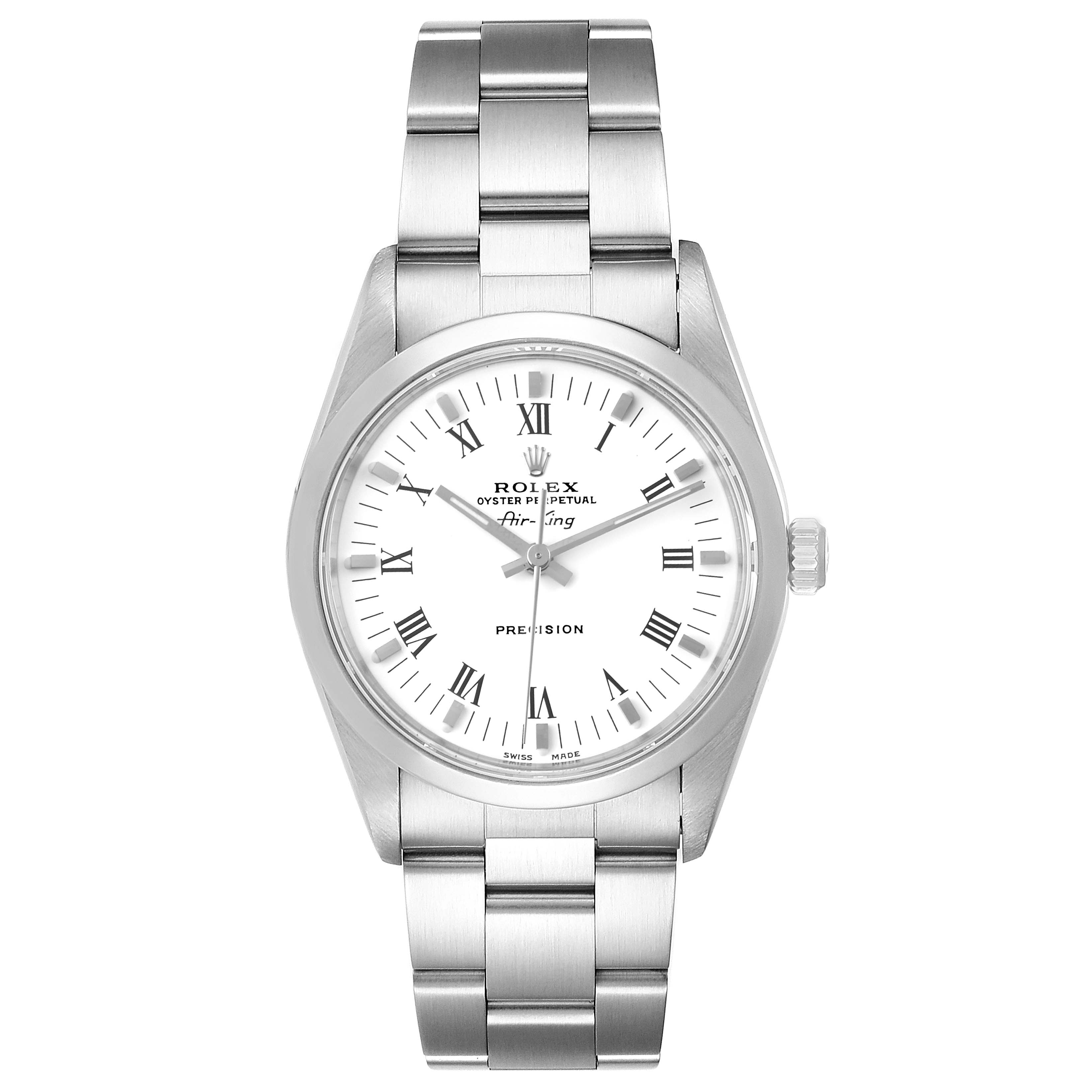 This image shows a front view of the Rolex Air-King 14000 Men's Stainless Steel White Dial 14000 Men's Stainless Steel White Dial watch, displaying its dial, hands, and bracelet.