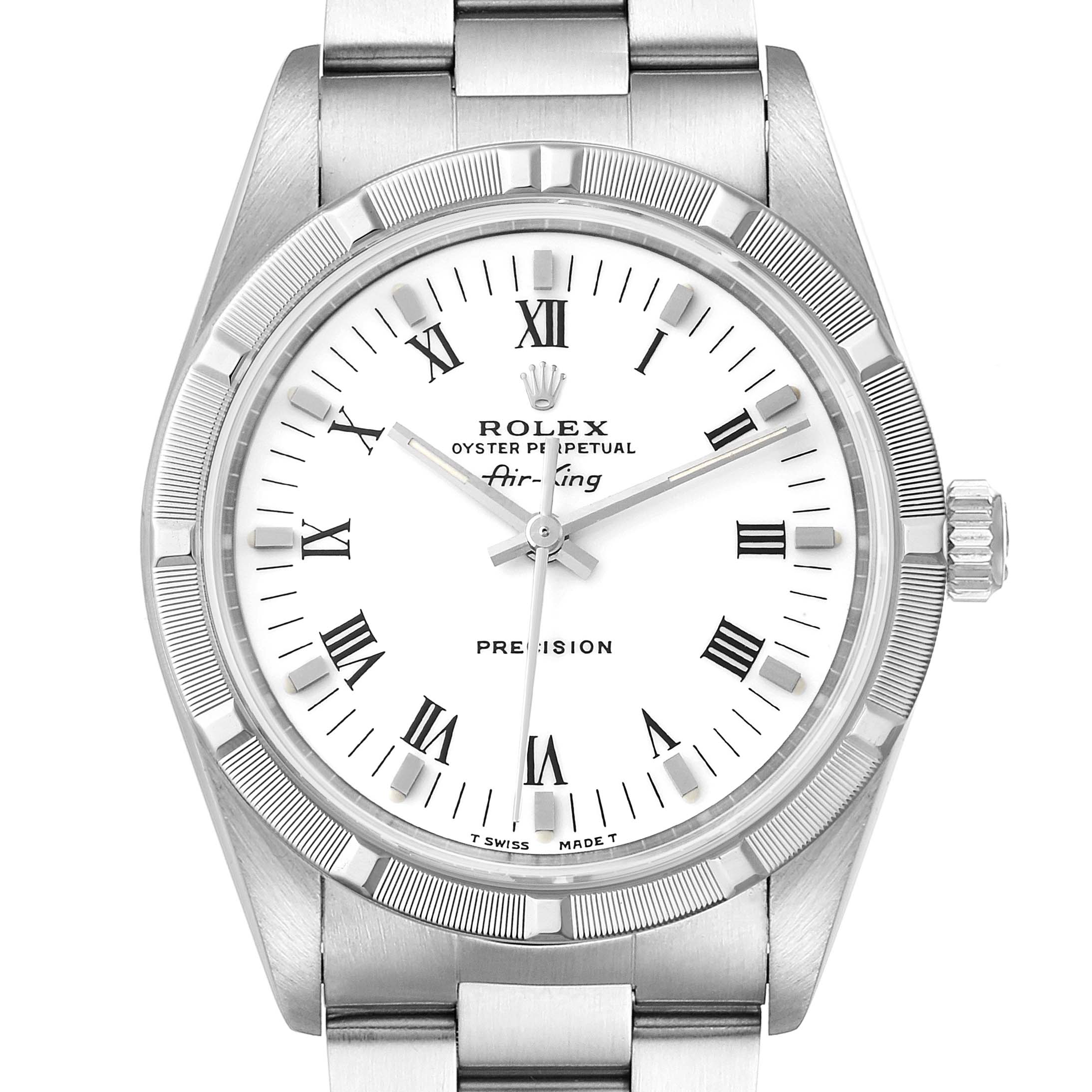 This image shows a frontal view of the Rolex Air-King 14010 Men's Stainless Steel White Dial 14010 Men's Stainless Steel White Dial watch, displaying its dial, bezel, crown, and stainless steel bracelet.