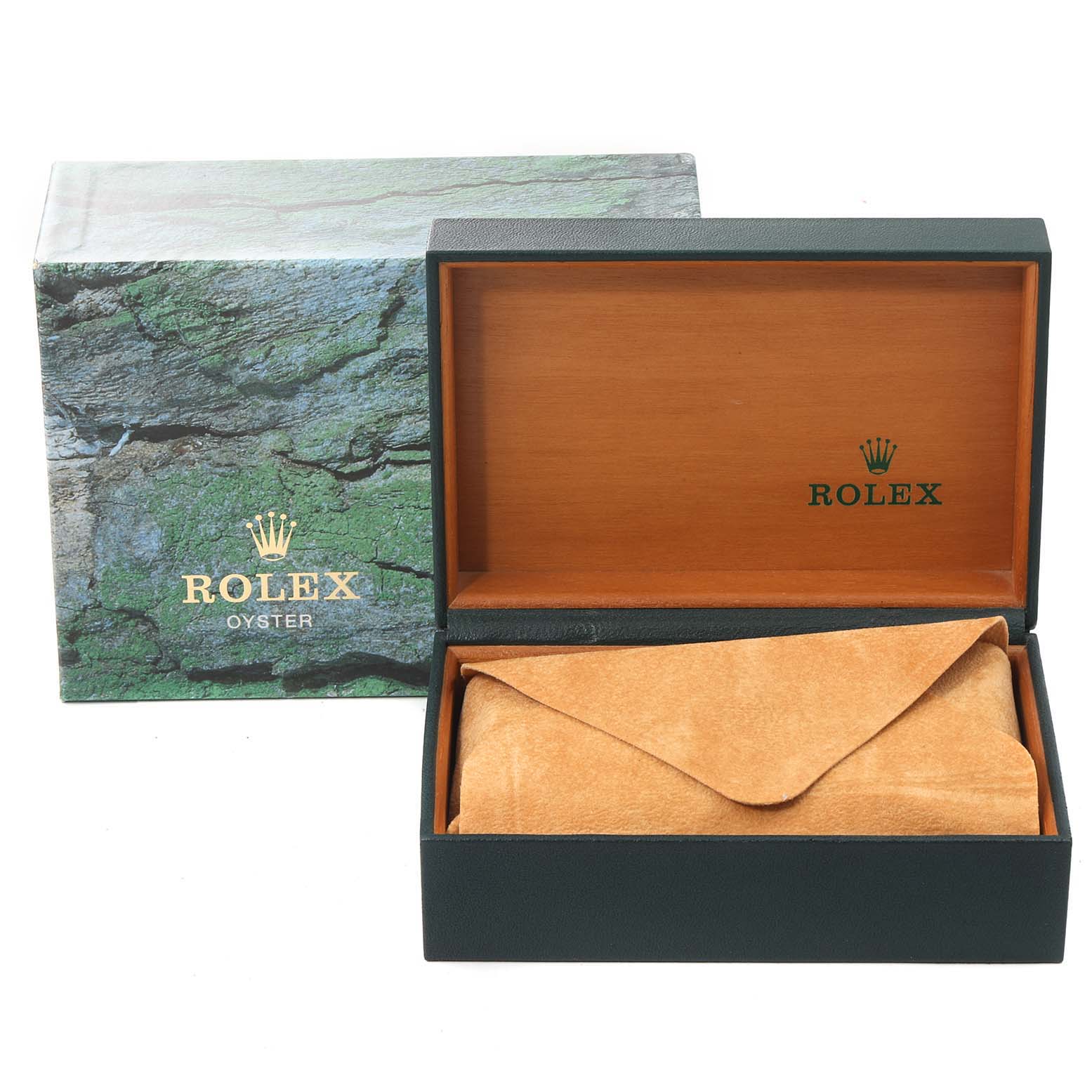 The image shows an open Rolex Air-King 14010 Men's Stainless Steel White Dial 14010 Men's Stainless Steel White Dial watch box and outer box, with a suede pouch inside.