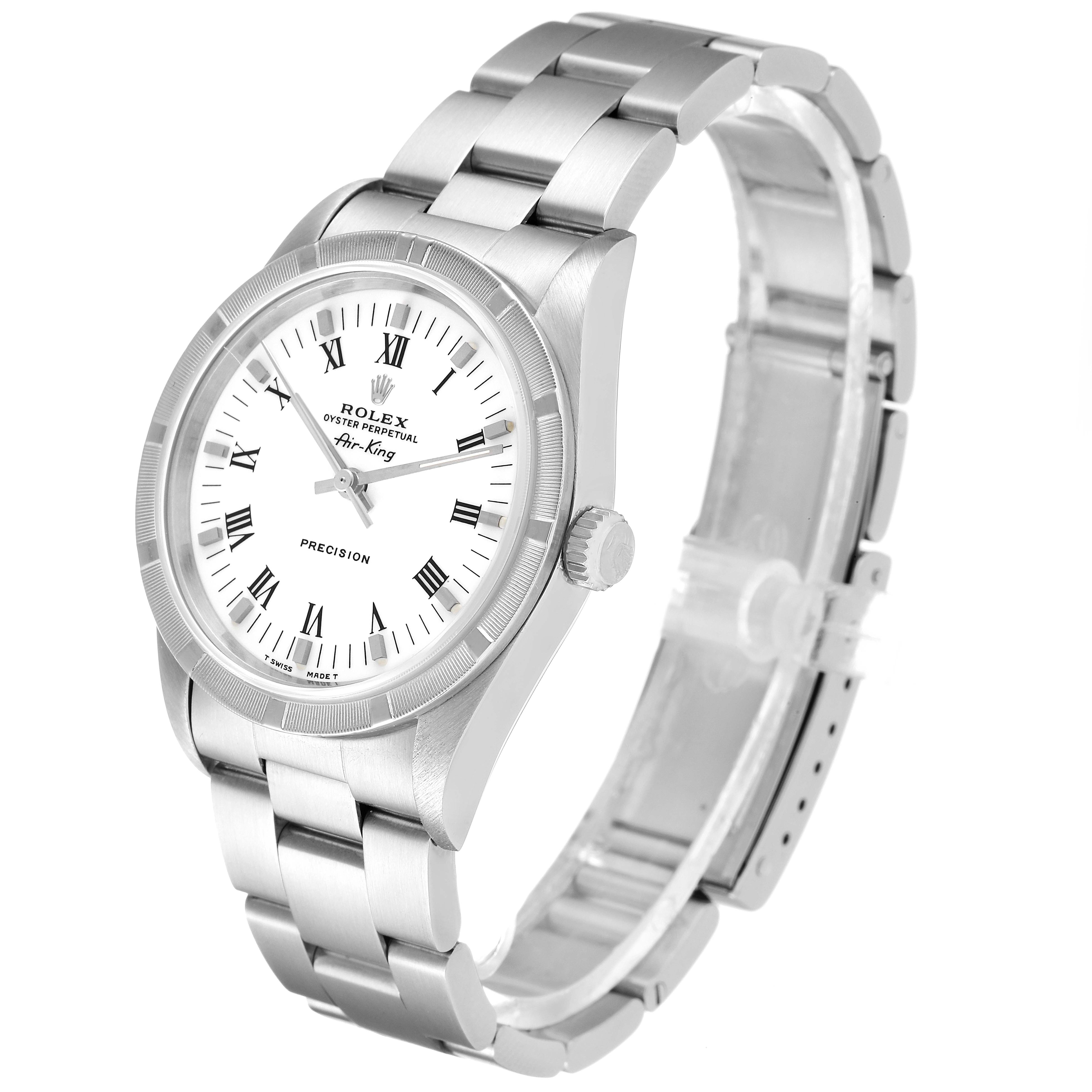 The image shows a Rolex Air-King 14010 Men's Stainless Steel White Dial 14010 Men's Stainless Steel White Dial watch at an angled side view, highlighting its stainless steel case and bracelet.
