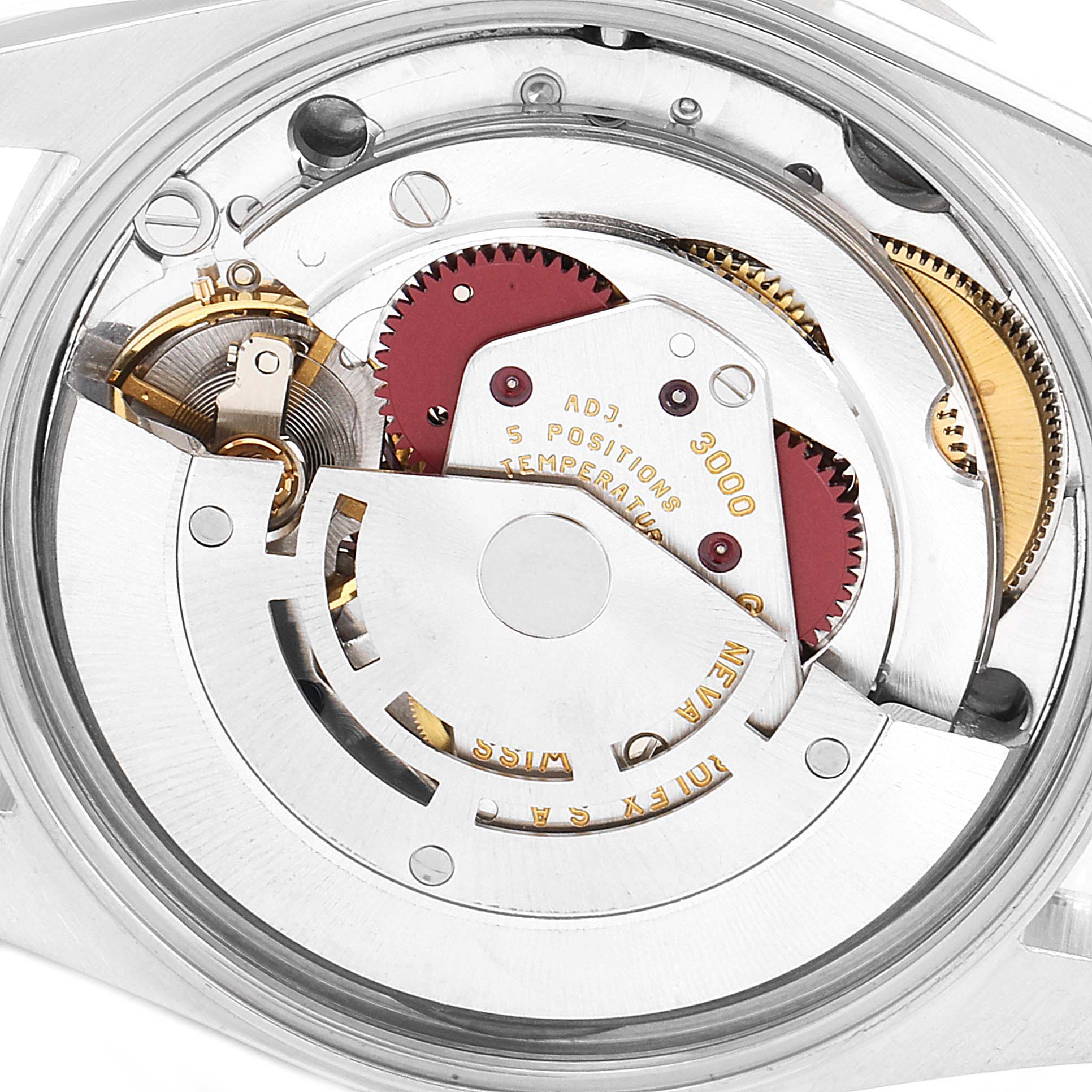 This image shows the internal mechanical movement of a Rolex Air-King 14010 Men's Stainless Steel White Dial 14010 Men's Stainless Steel White Dial watch from a close-up and top-down perspective.