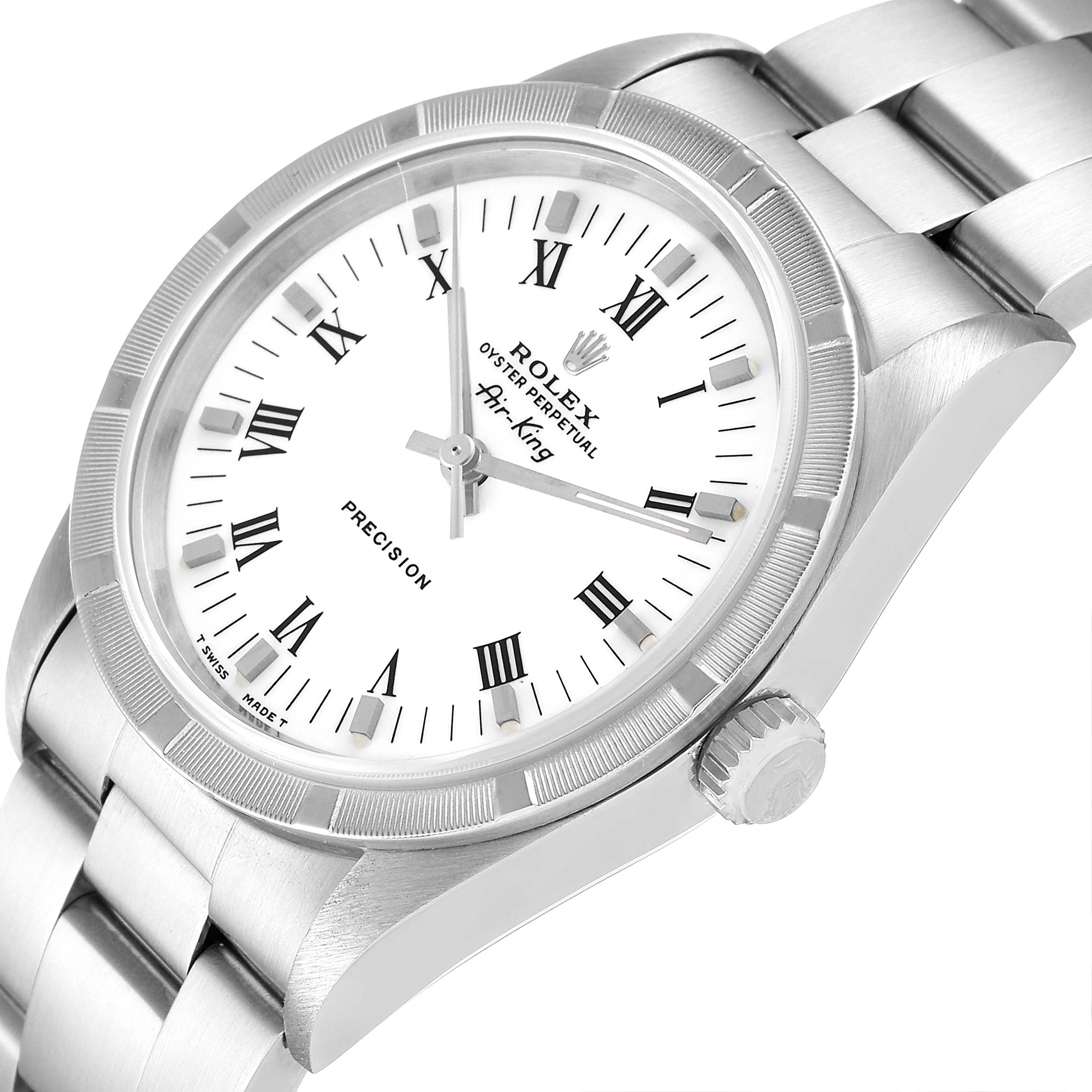 The image shows a close-up, angled view of the Rolex Air-King 14010 Men's Stainless Steel White Dial 14010 Men's Stainless Steel White Dial watch's dial and part of its metal bracelet.