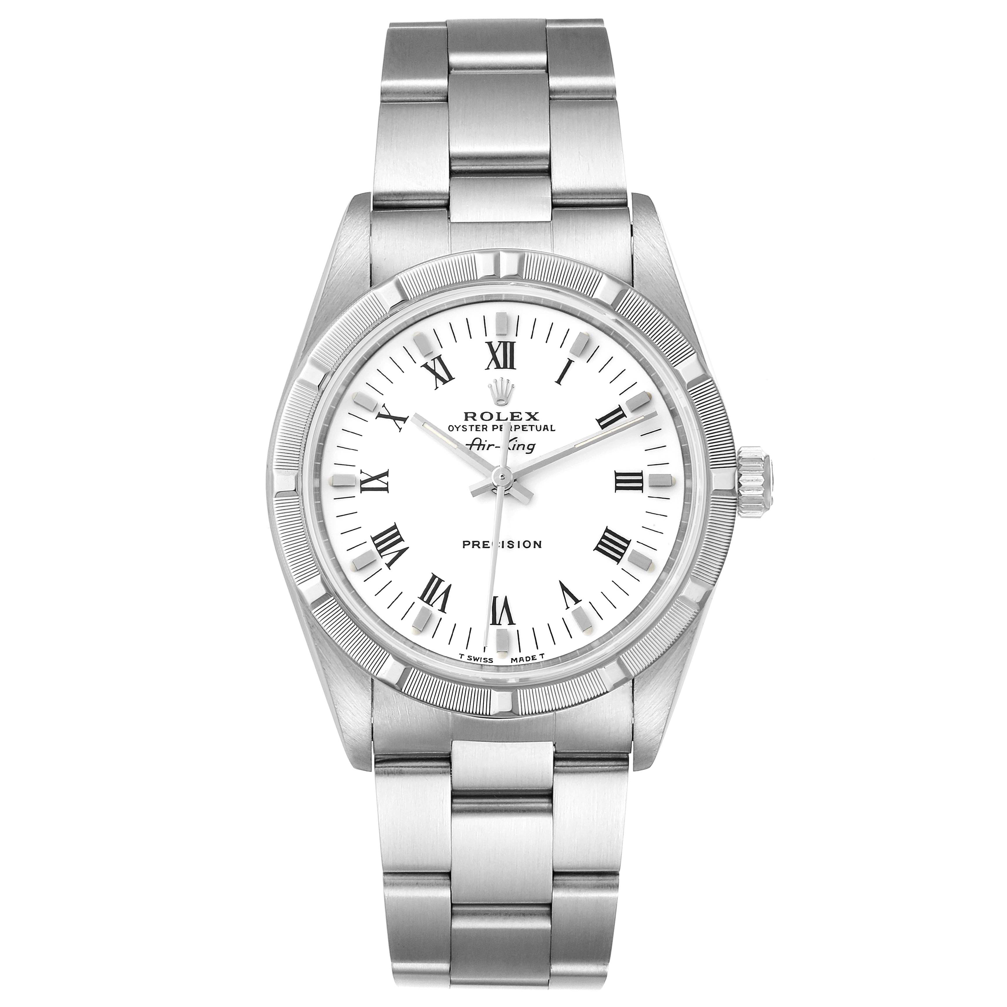 This image shows a top view of the Rolex Air-King 14010 Men's Stainless Steel White Dial 14010 Men's Stainless Steel White Dial watch, including its face, bezel, and bracelet.