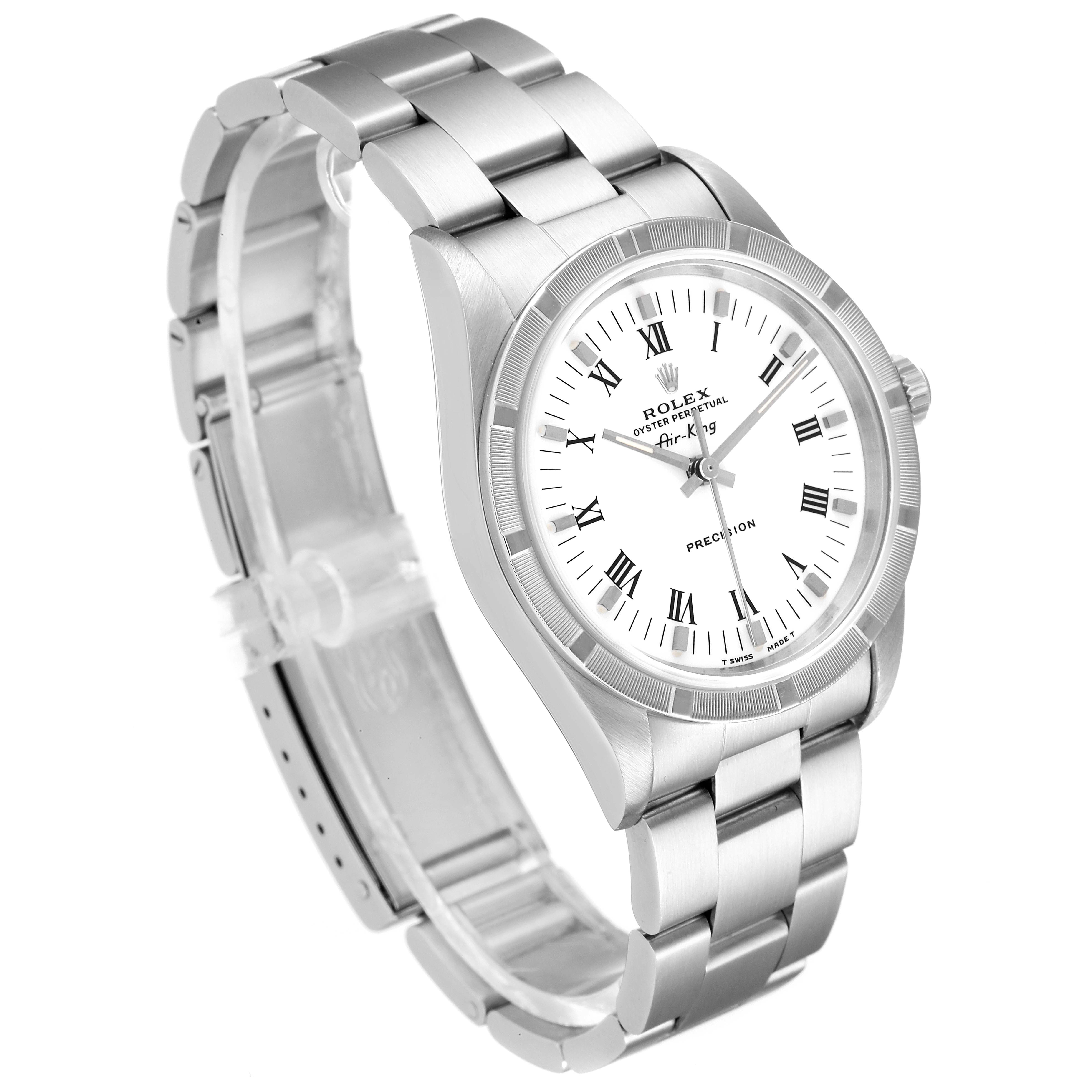 The image shows a Rolex Air-King 14010 Men's Stainless Steel White Dial 14010 Men's Stainless Steel White Dial watch from an angled perspective, displaying its face, bezel, and bracelet.