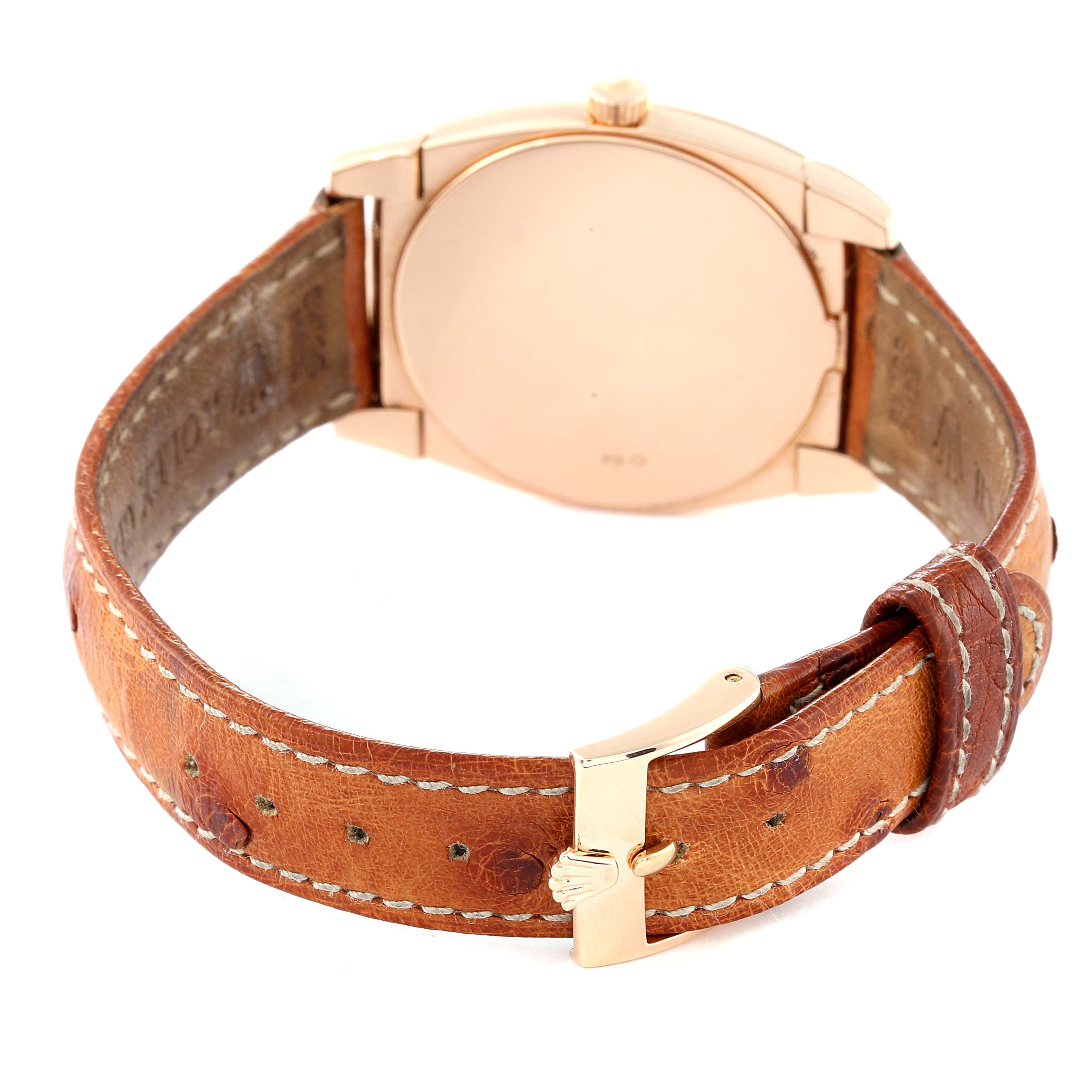 The image shows the back view of a Rolex Cellini 5320 Women's Rose Gold Grey Dial 5320 Women's Rose Gold Grey Dial watch, highlighting its leather strap and clasp.