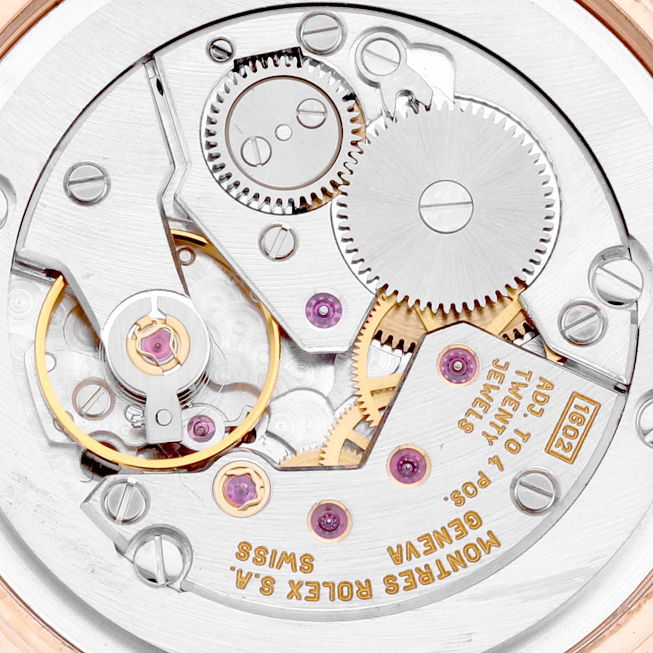 This image shows a close-up view of the internal mechanical parts of a Rolex Cellini 5320 Women's Rose Gold Grey Dial 5320 Women's Rose Gold Grey Dial model watch.