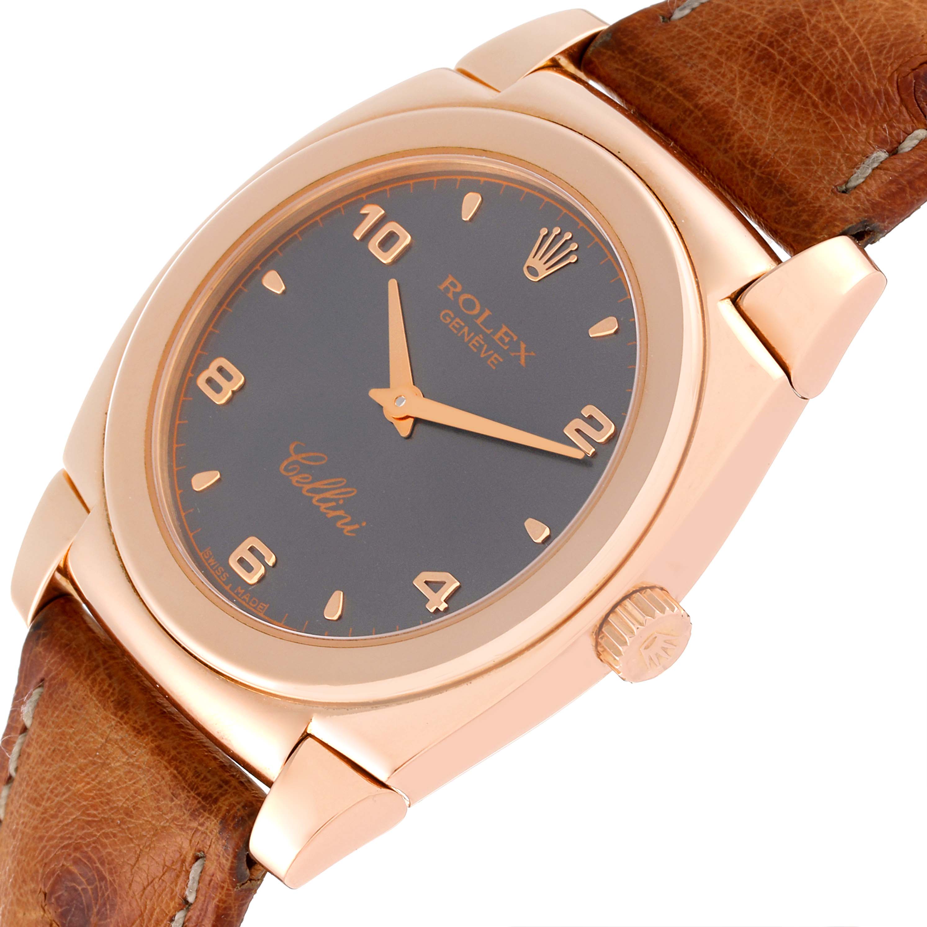 The Rolex Cellini 5320 Women's Rose Gold Grey Dial 5320 Women's Rose Gold Grey Dial watch is shown at an angled side view, displaying its face, crown, and leather strap.