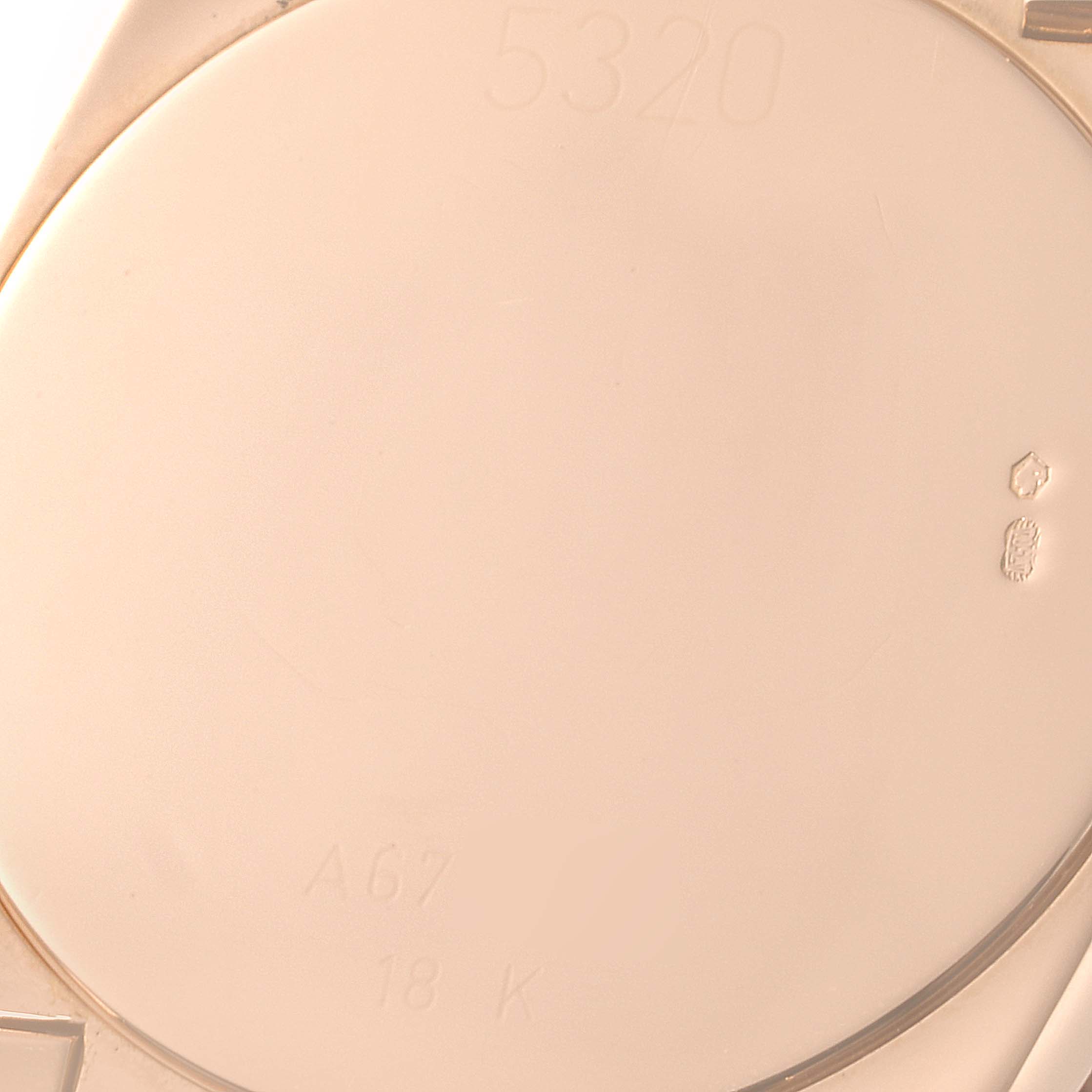 The image shows the backside of a Rolex Cellini 5320 Women's Rose Gold Grey Dial 5320 Women's Rose Gold Grey Dial watch, displaying markings and inscriptions.