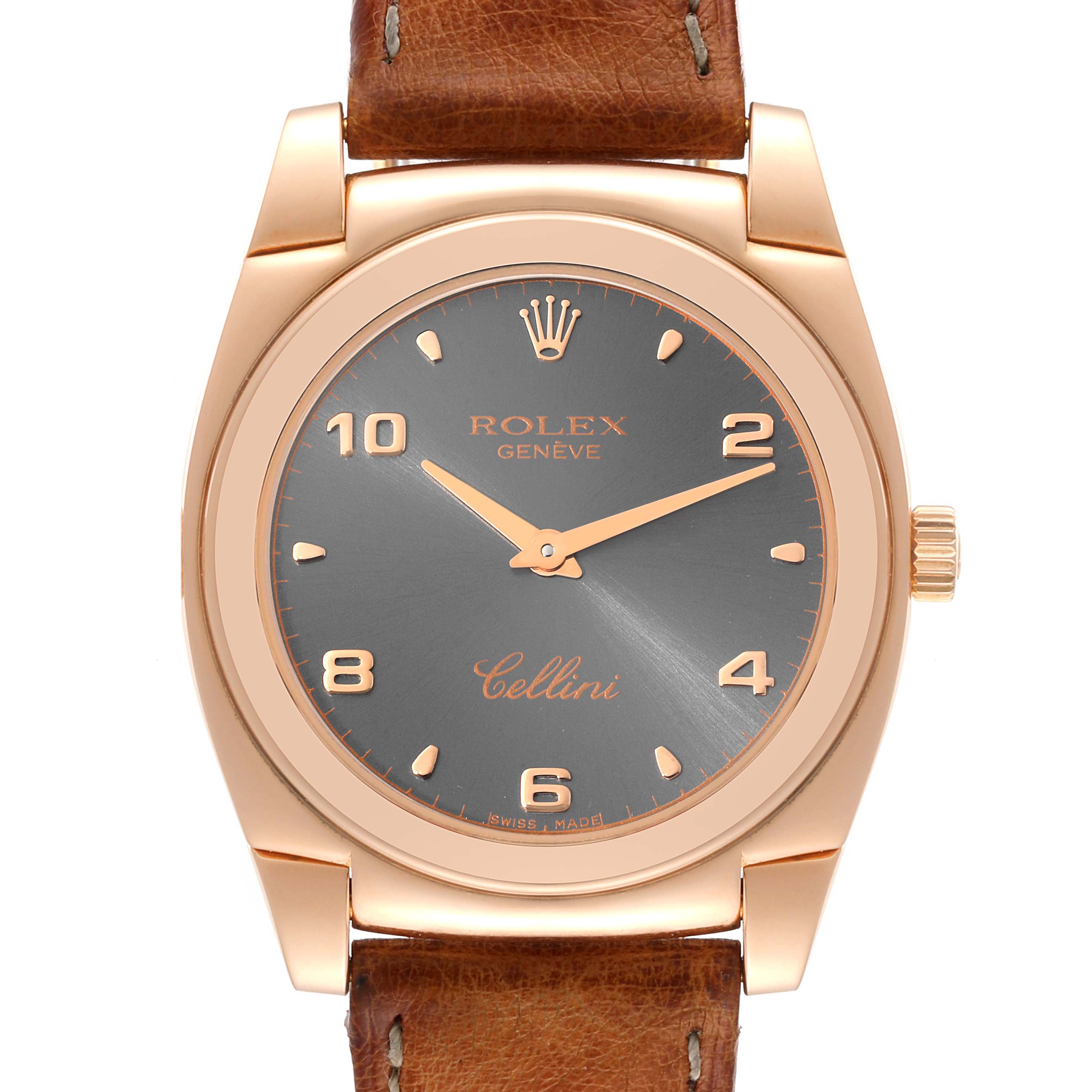 The image shows a front view of the Rolex Cellini 5320 Women's Rose Gold Grey Dial 5320 Women's Rose Gold Grey Dial watch, highlighting its face, case, crown, and part of the brown leather strap.