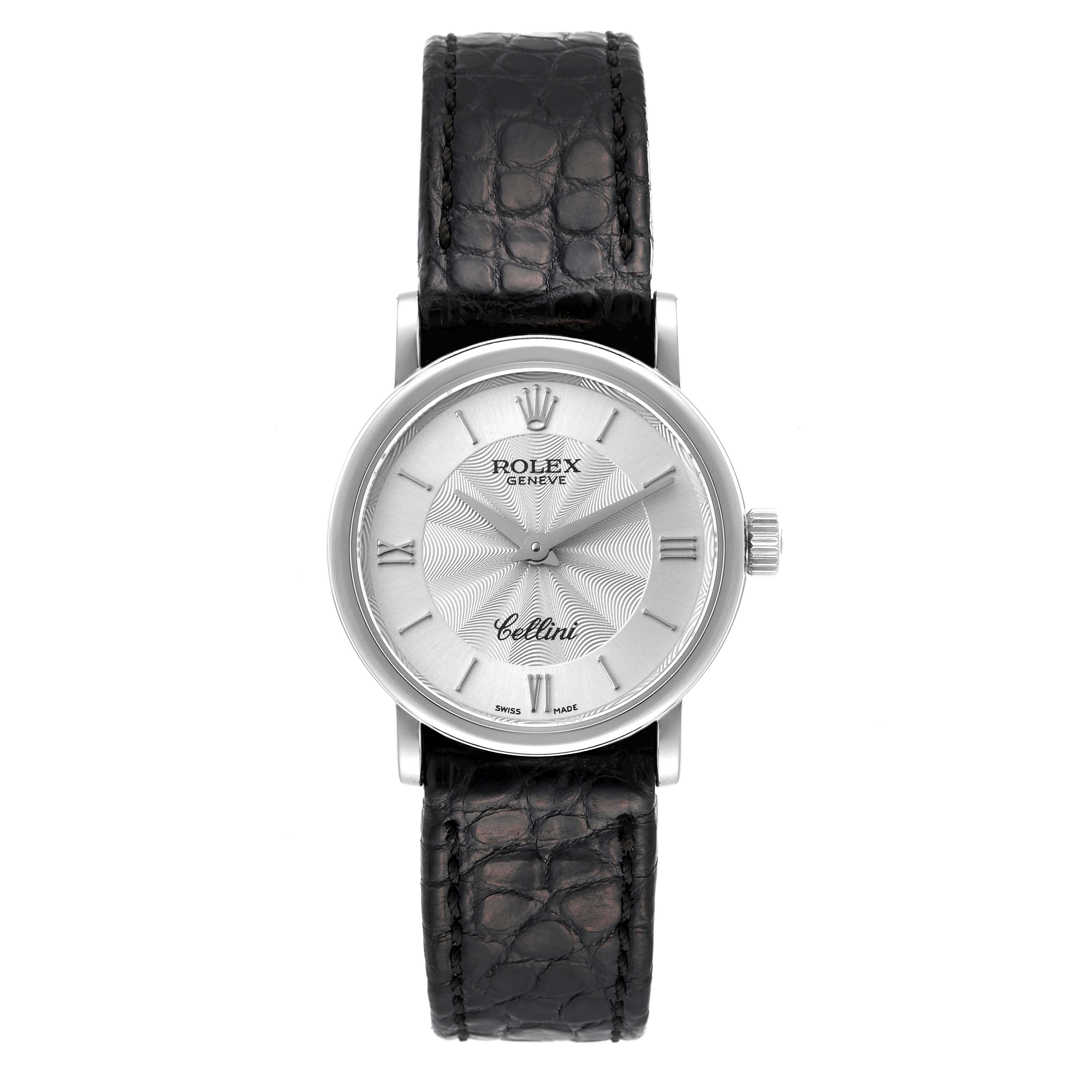 This Rolex Cellini 6110 Women's White Gold Silver Dial 6110 Women's White Gold Silver Dial watch is shown from a front angle, highlighting the face, Roman numerals, crown, and black leather strap.