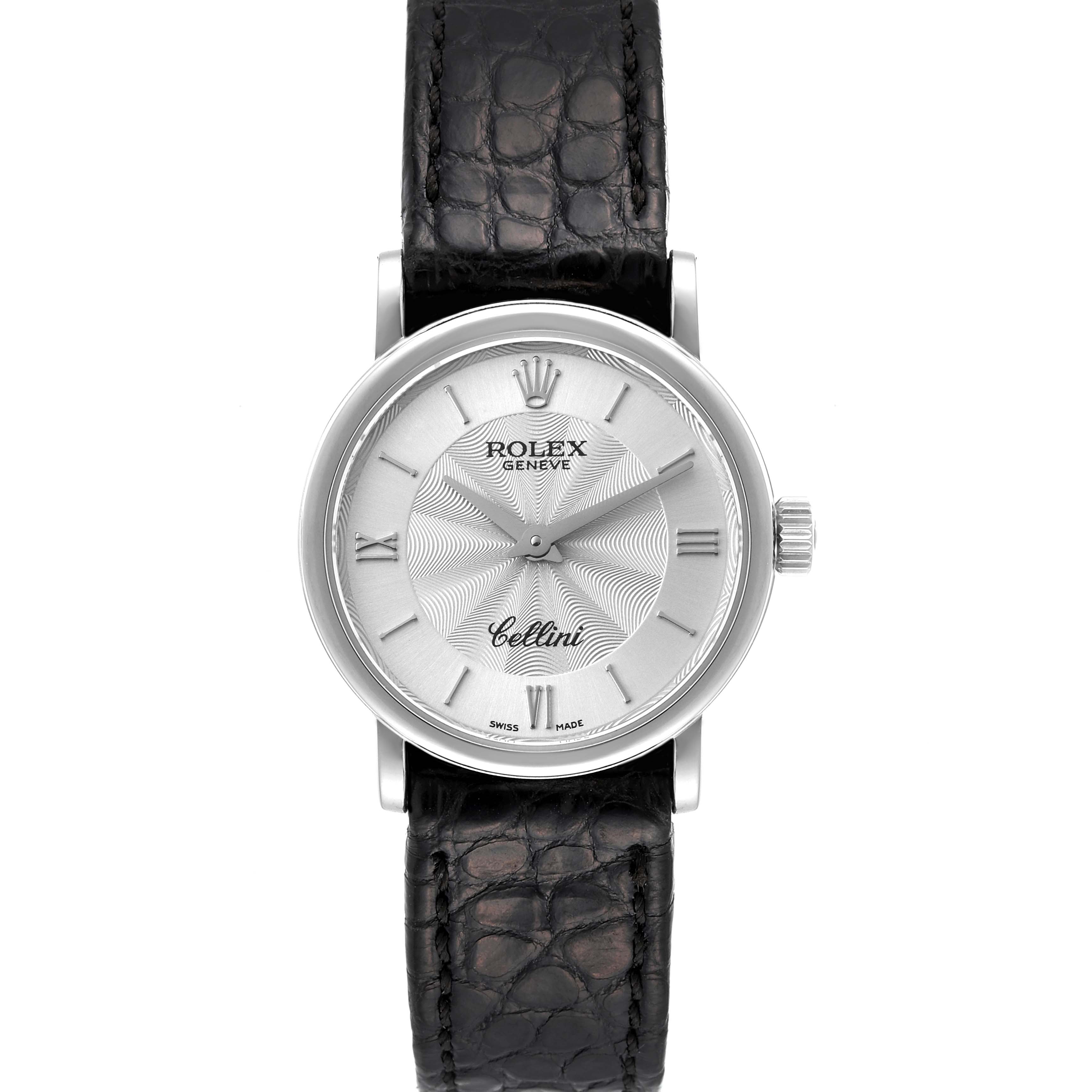This image shows a front view of a Rolex Cellini 6110 Women's White Gold Silver Dial 6110 Women's White Gold Silver Dial watch, highlighting its dial, hands, crown, and leather strap.