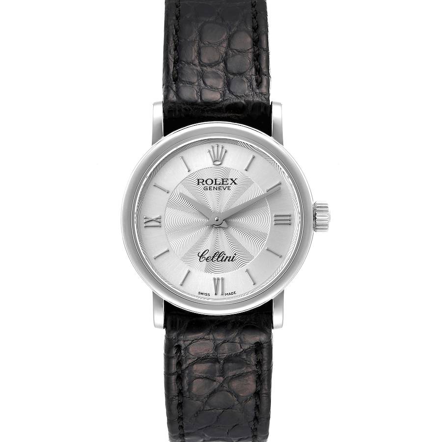 Rolex Cellini Classic 18k White Gold Silver Dial Black Strap Ladies Watch 6110 SwissWatchExpo