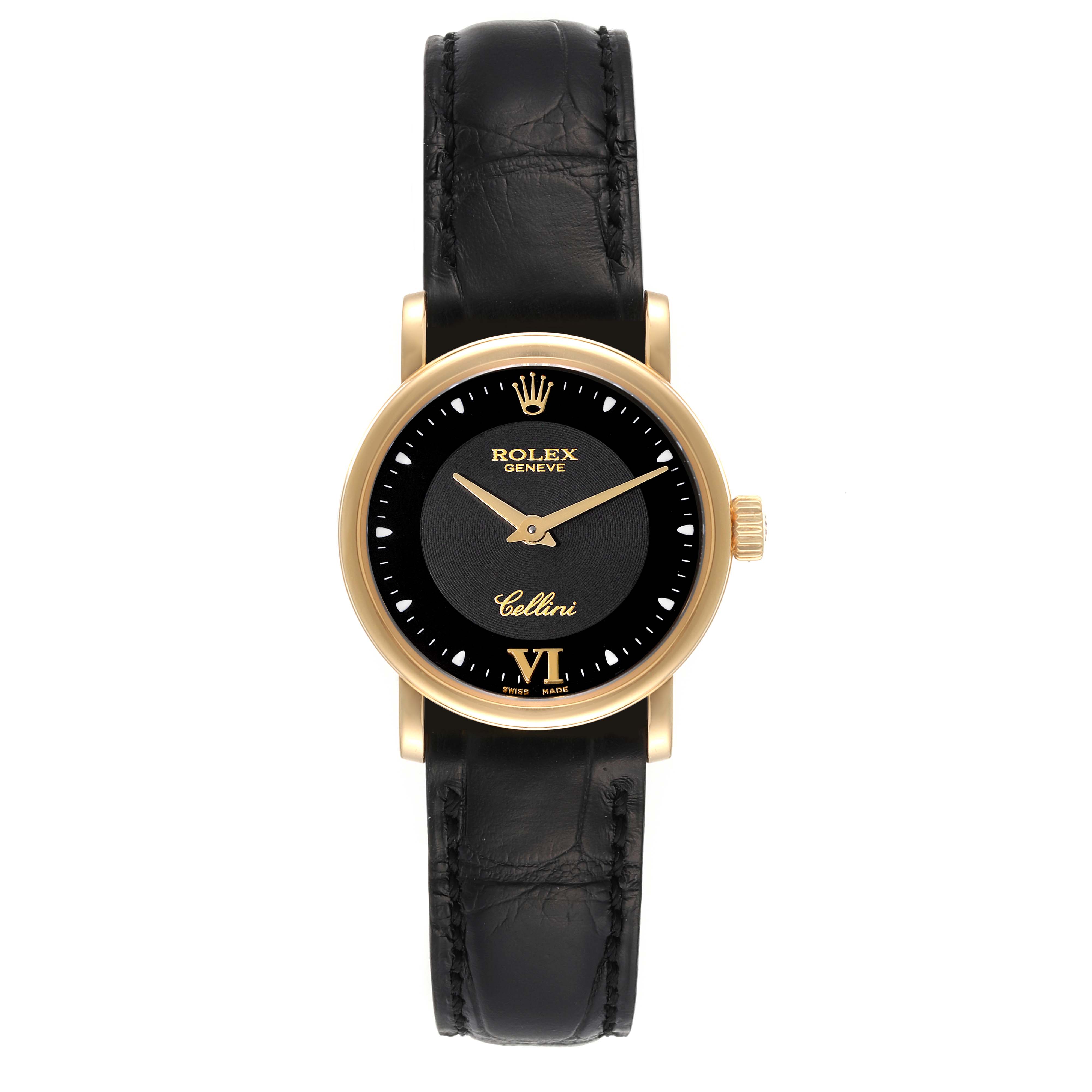 The Rolex Cellini 6110 Women's Yellow Gold Black Dial 6110 Women's Yellow Gold Black Dial model is shown at a straight angle, highlighting its black dial, gold casing, and black leather strap.