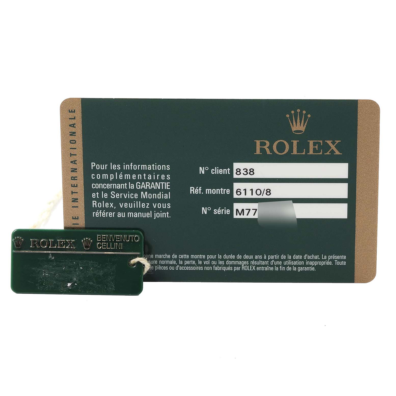 The image shows an international warranty card and a green tag for a Rolex Cellini 6110 Women's Yellow Gold Black Dial 6110 Women's Yellow Gold Black Dial model watch.