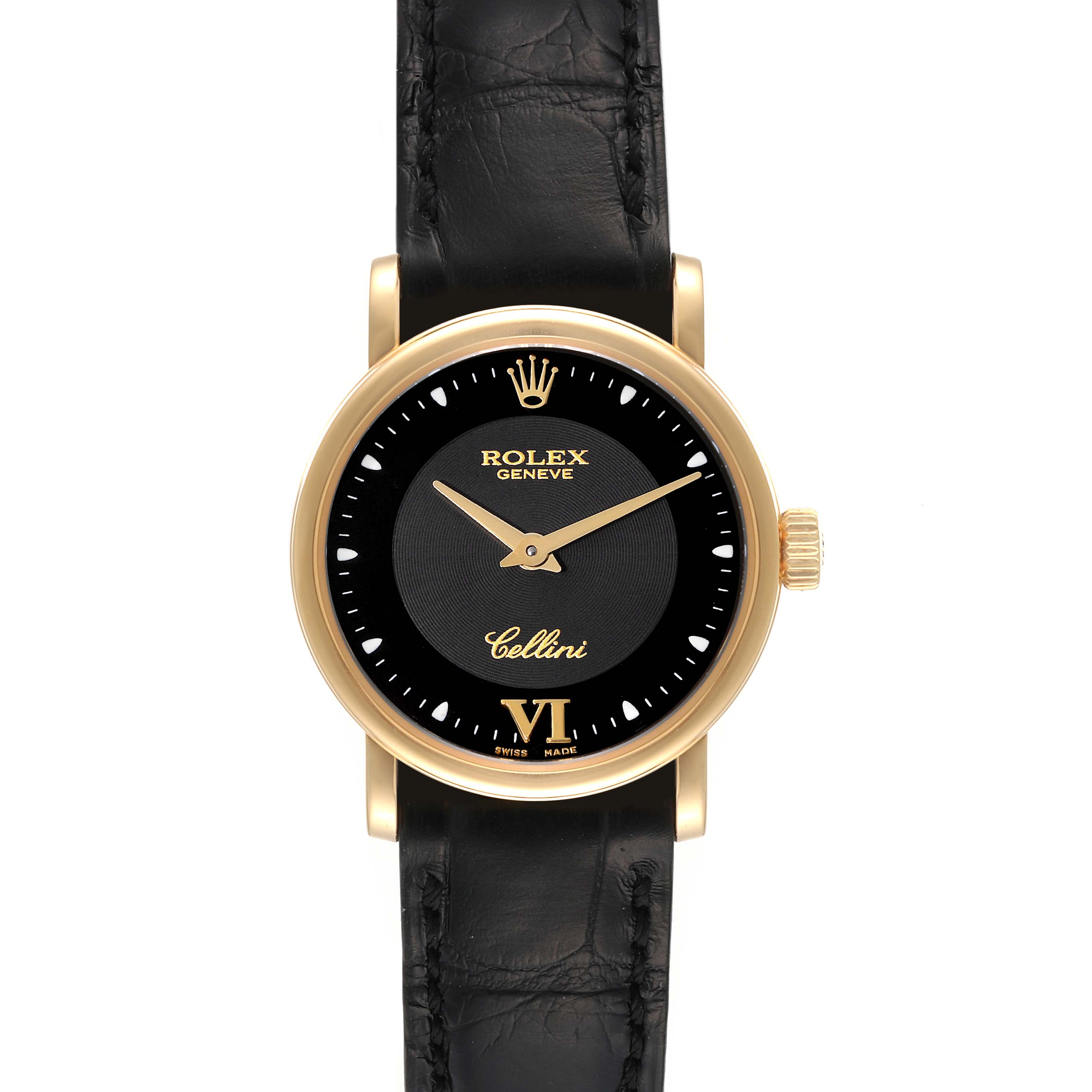 This image shows a front view of a Rolex Cellini 6110 Women's Yellow Gold Black Dial 6110 Women's Yellow Gold Black Dial watch with a black dial, gold casing, and black leather strap.