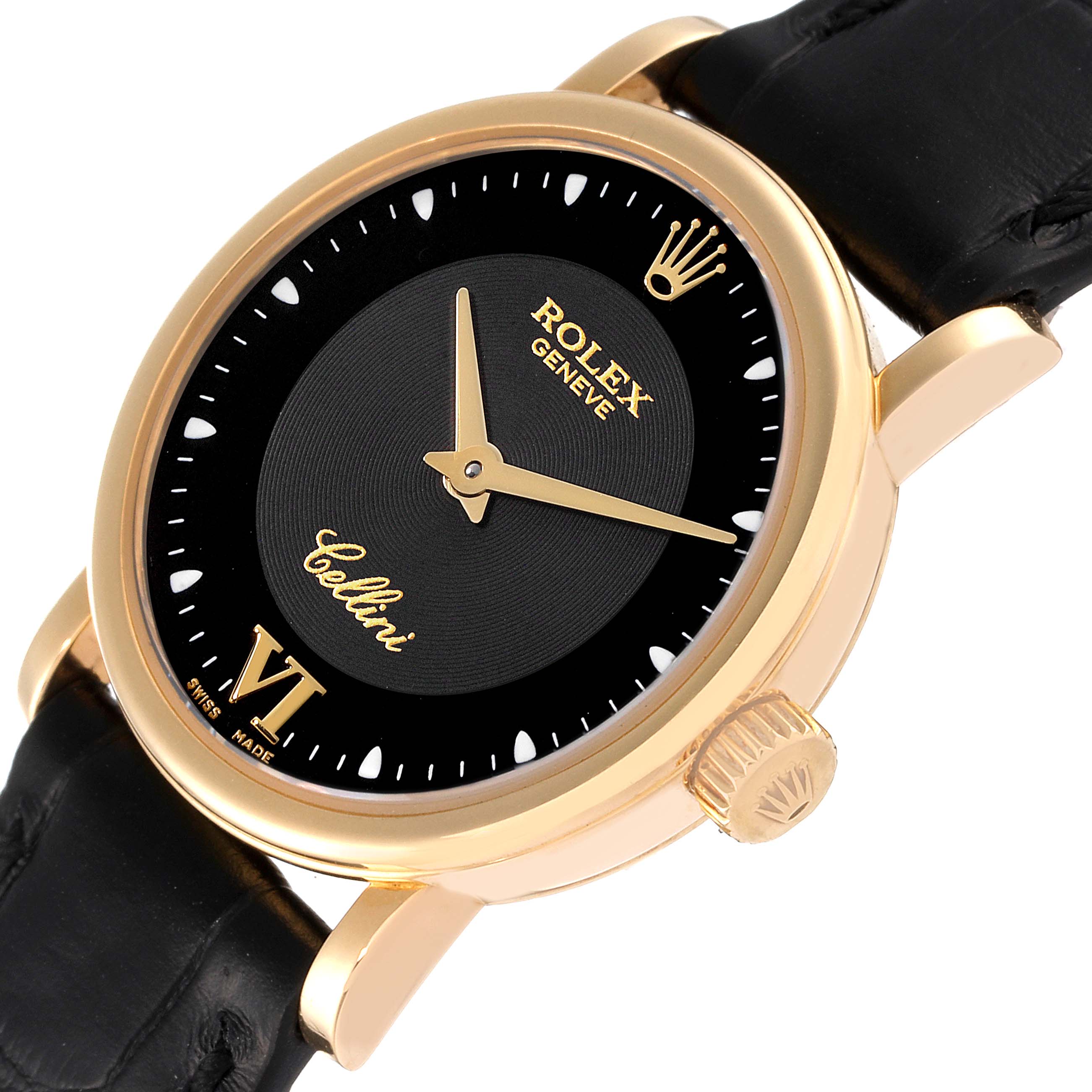 This image shows a close-up angle of the Rolex Cellini 6110 Women's Yellow Gold Black Dial 6110 Women's Yellow Gold Black Dial watch, highlighting its gold case, black dial, crown, and black leather strap.