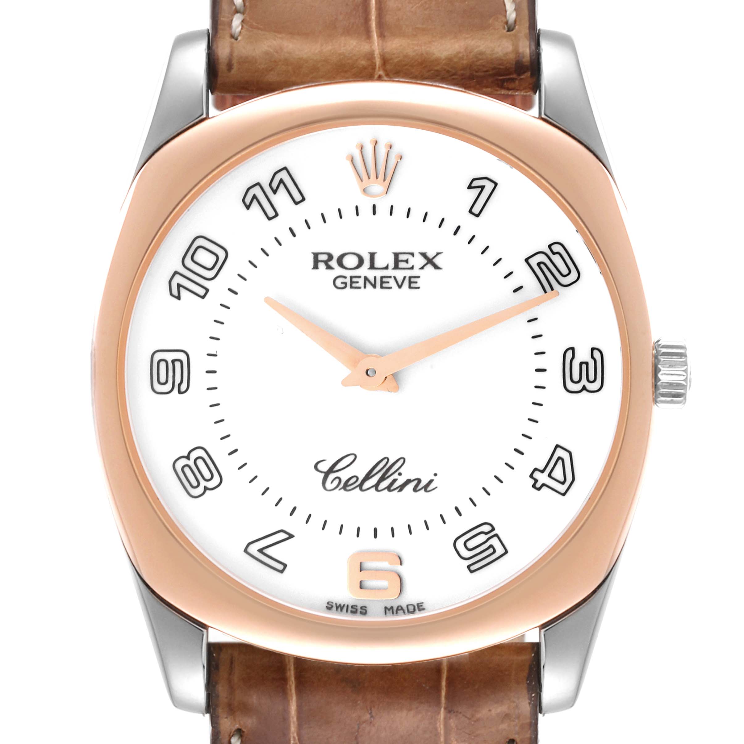 This image shows a front view of a Rolex Cellini 4233 Men's White Gold White Dial 4233 Men's White Gold White Dial watch with a brown leather strap and a white dial.