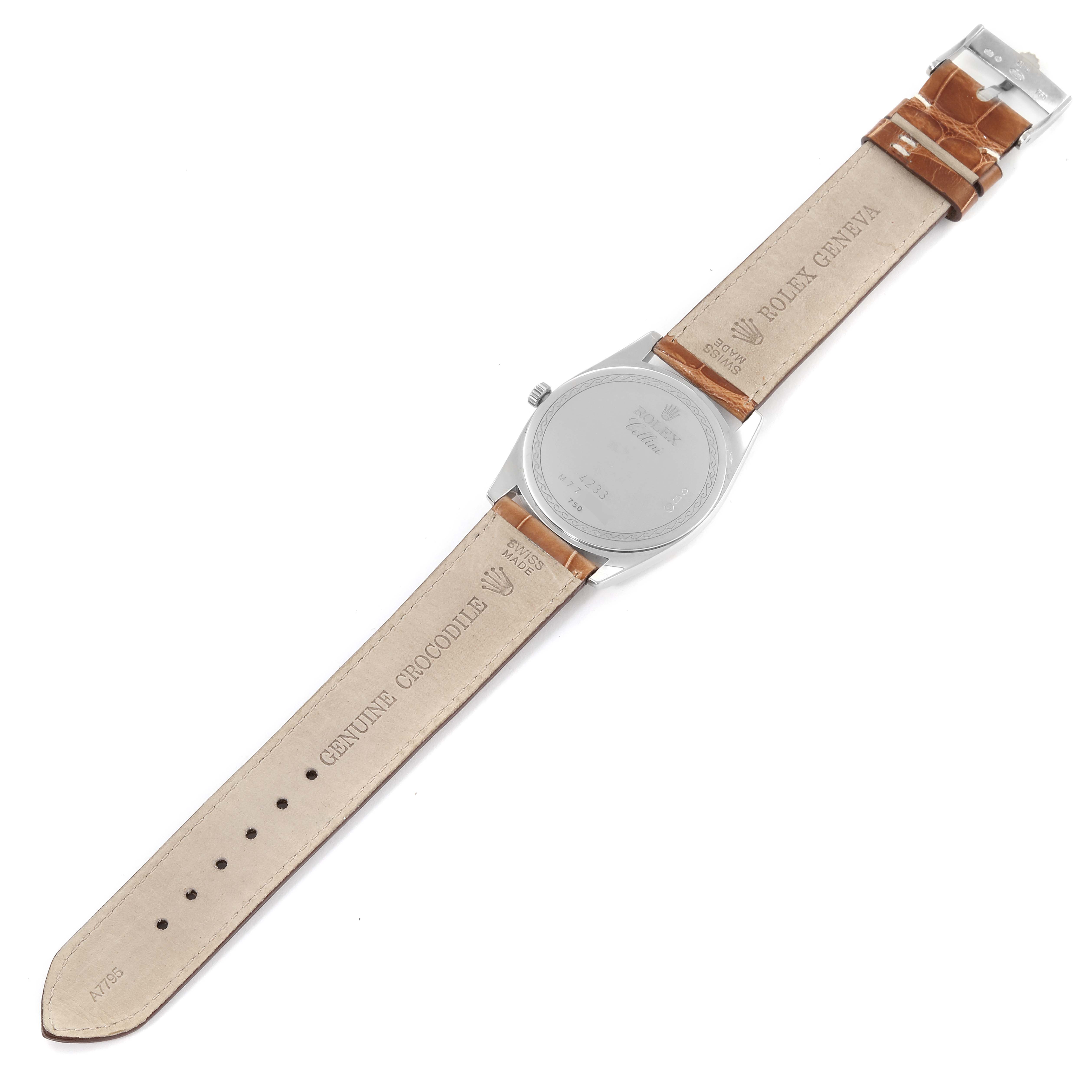 The image shows the back of a Rolex Cellini 4233 Men's White Gold White Dial 4233 Men's White Gold White Dial watch, highlighting its leather straps and the engraved case back.