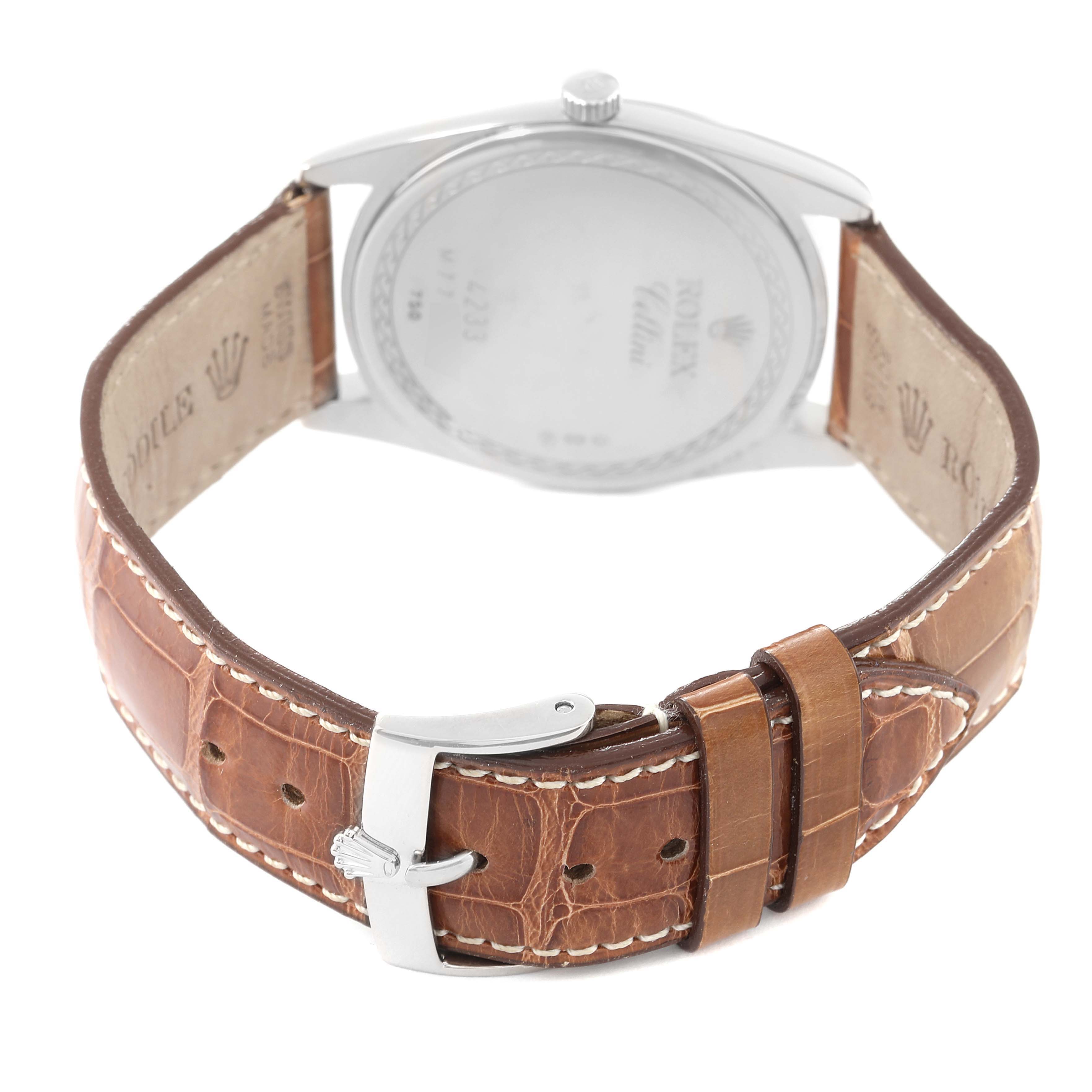 The image shows the back view of a Rolex Cellini 4233 Men's White Gold White Dial 4233 Men's White Gold White Dial watch, highlighting its leather strap and buckle.
