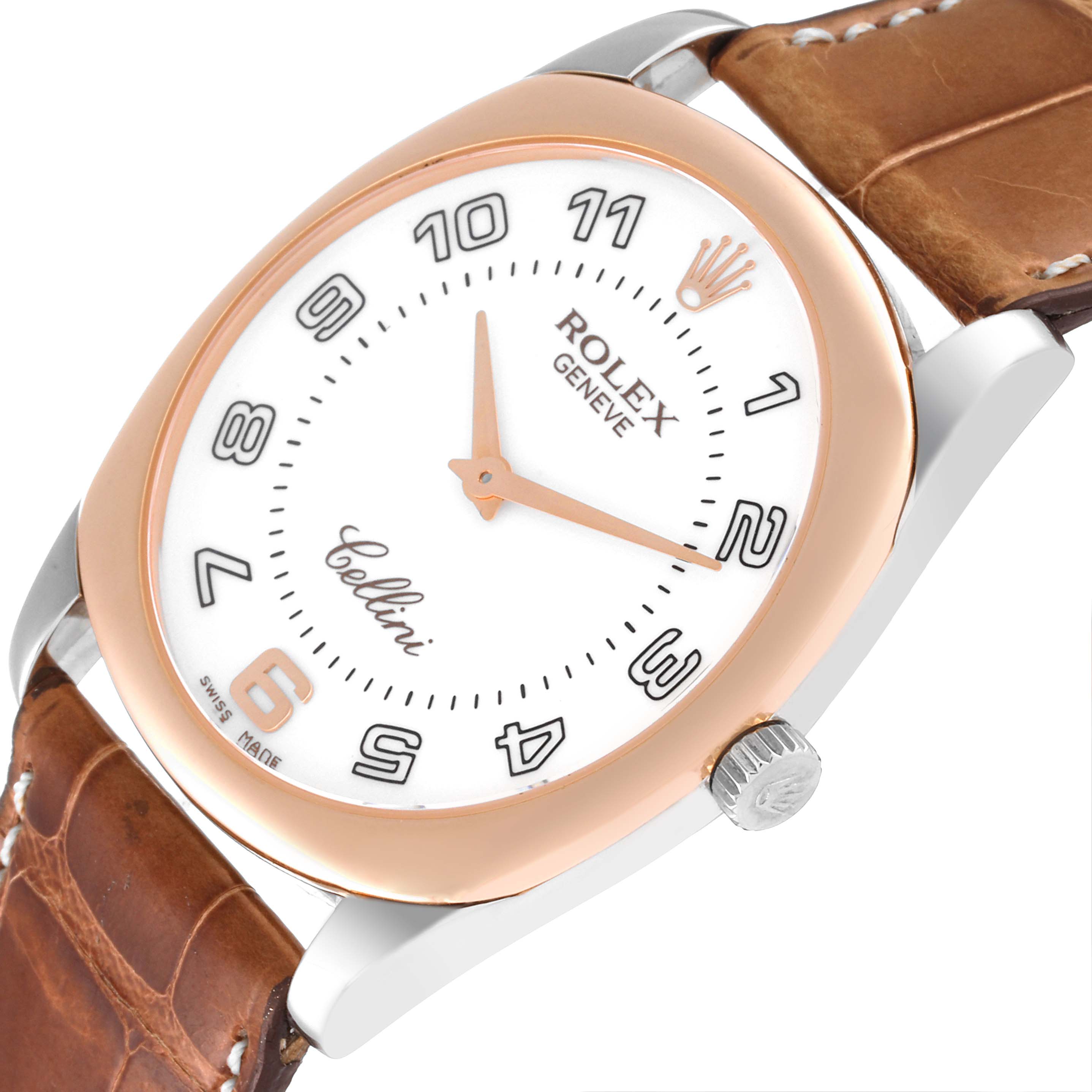 The Rolex Cellini 4233 Men's White Gold White Dial 4233 Men's White Gold White Dial watch is shown at an oblique angle, highlighting its face, crown, and leather strap.