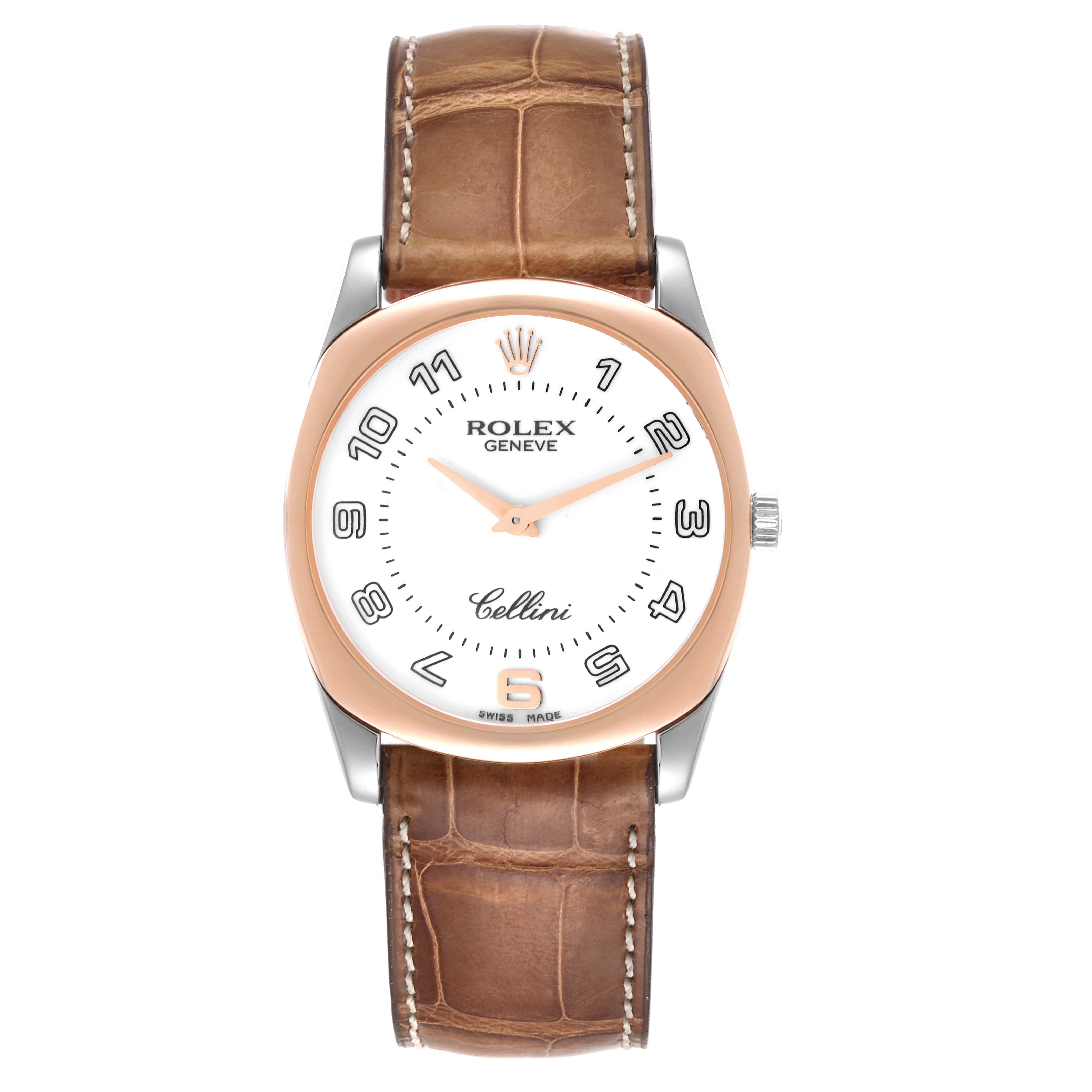 This image shows a front view of a Rolex Cellini 4233 Men's White Gold White Dial 4233 Men's White Gold White Dial watch, featuring a brown leather strap and a white dial with rose gold accents.