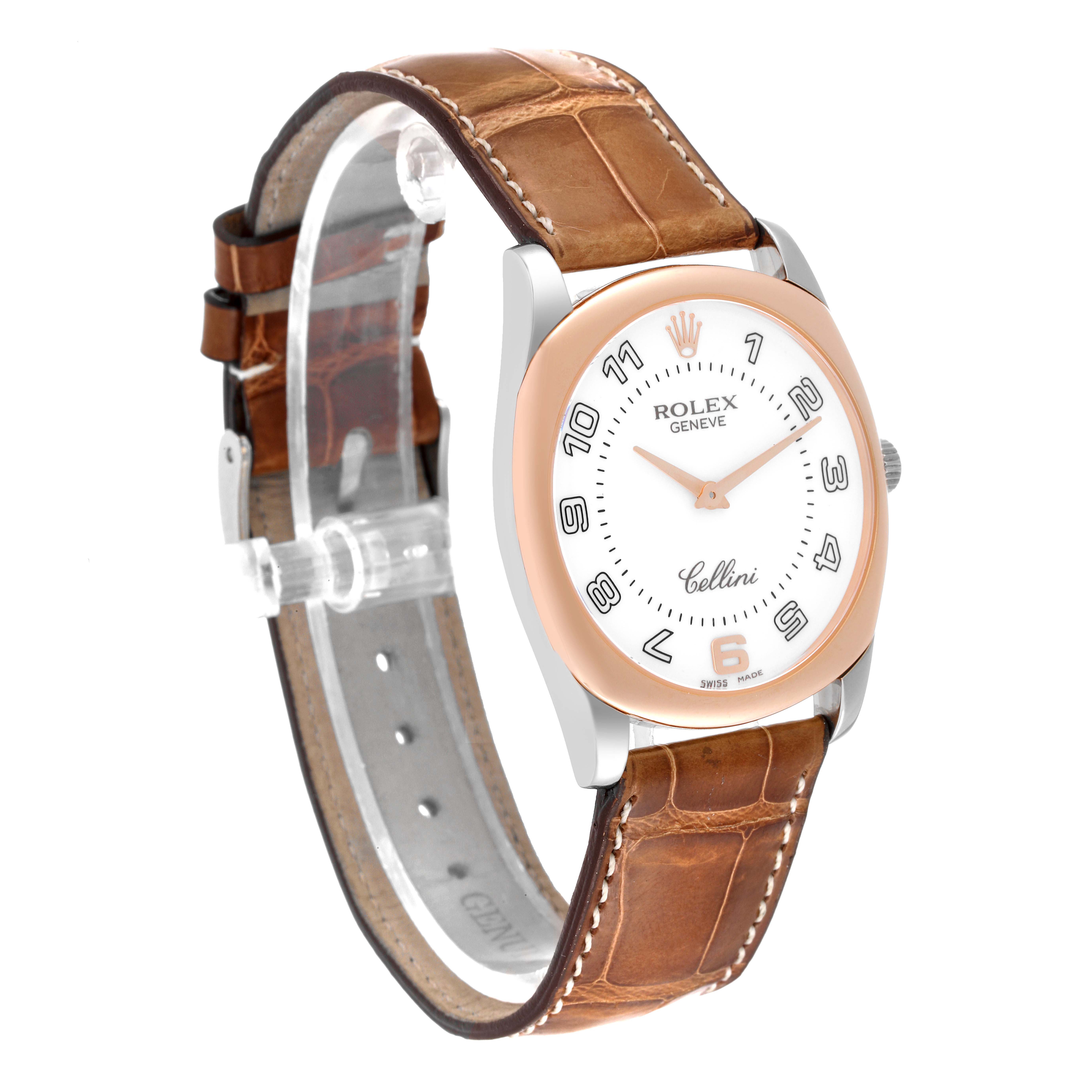 The image shows a Rolex Cellini 4233 Men's White Gold White Dial 4233 Men's White Gold White Dial watch at a three-quarter front angle, highlighting the face, bezel, crown, and leather strap.