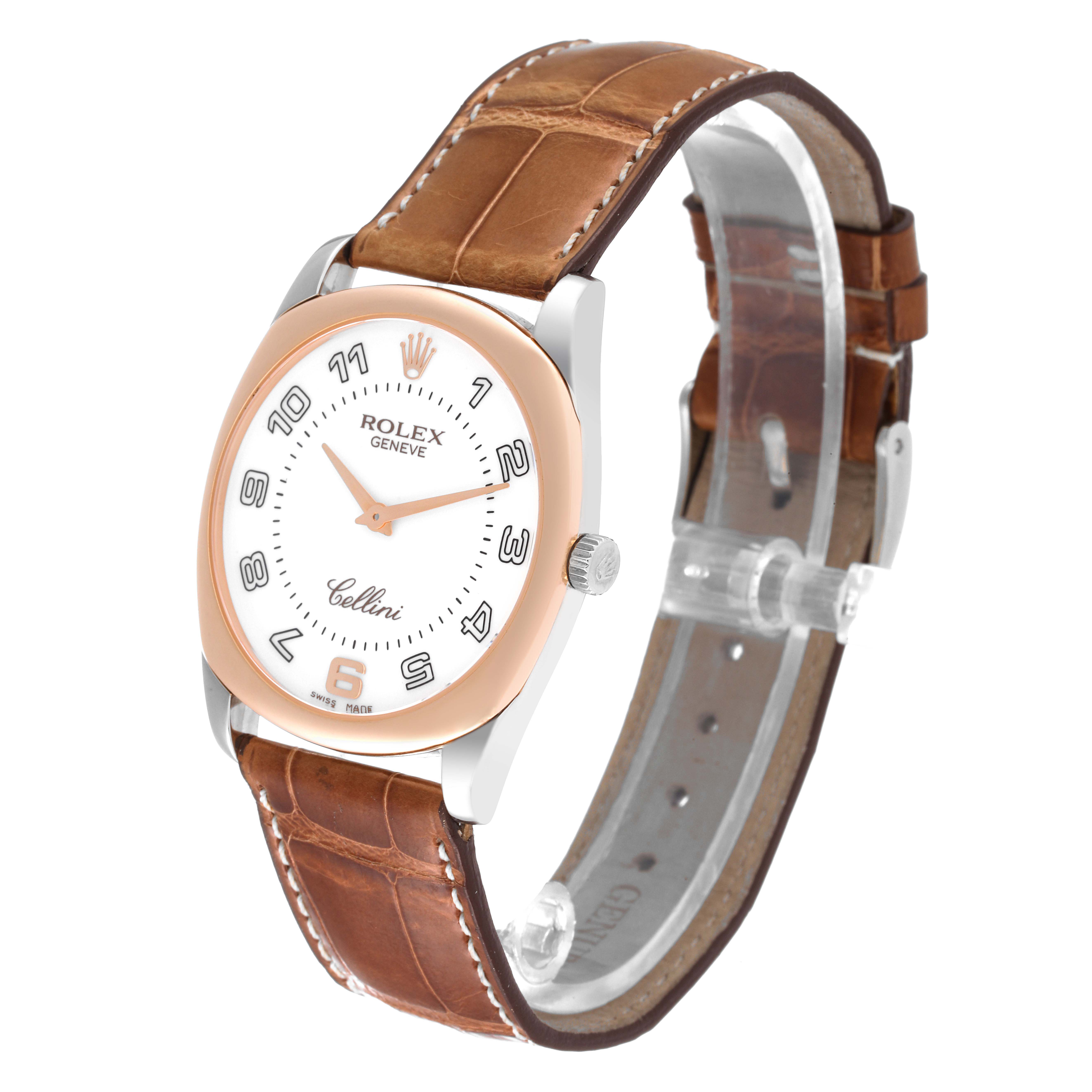 The Rolex Cellini 4233 Men's White Gold White Dial 4233 Men's White Gold White Dial watch is shown at a three-quarter angle, highlighting its face, bezel, crown, and leather strap.